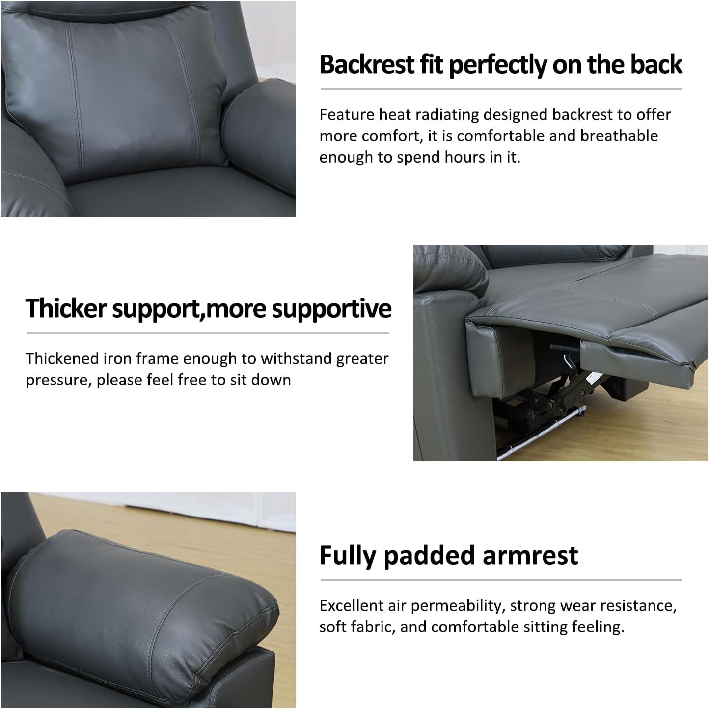 Backrest, thicker support, and padded armrest features of the Power Leather Recliner Sofa Set Grey LED Lights Modern