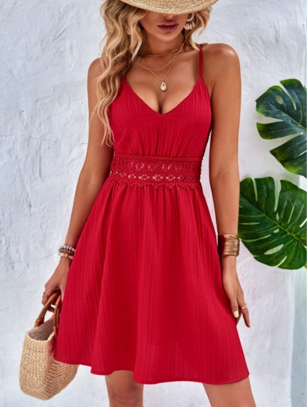 Woman wearing Fashion Casual Lace Camisole Vest – Elegant Women's Summer Dress Top in vibrant red, accessorized with a straw hat and jewelry.
