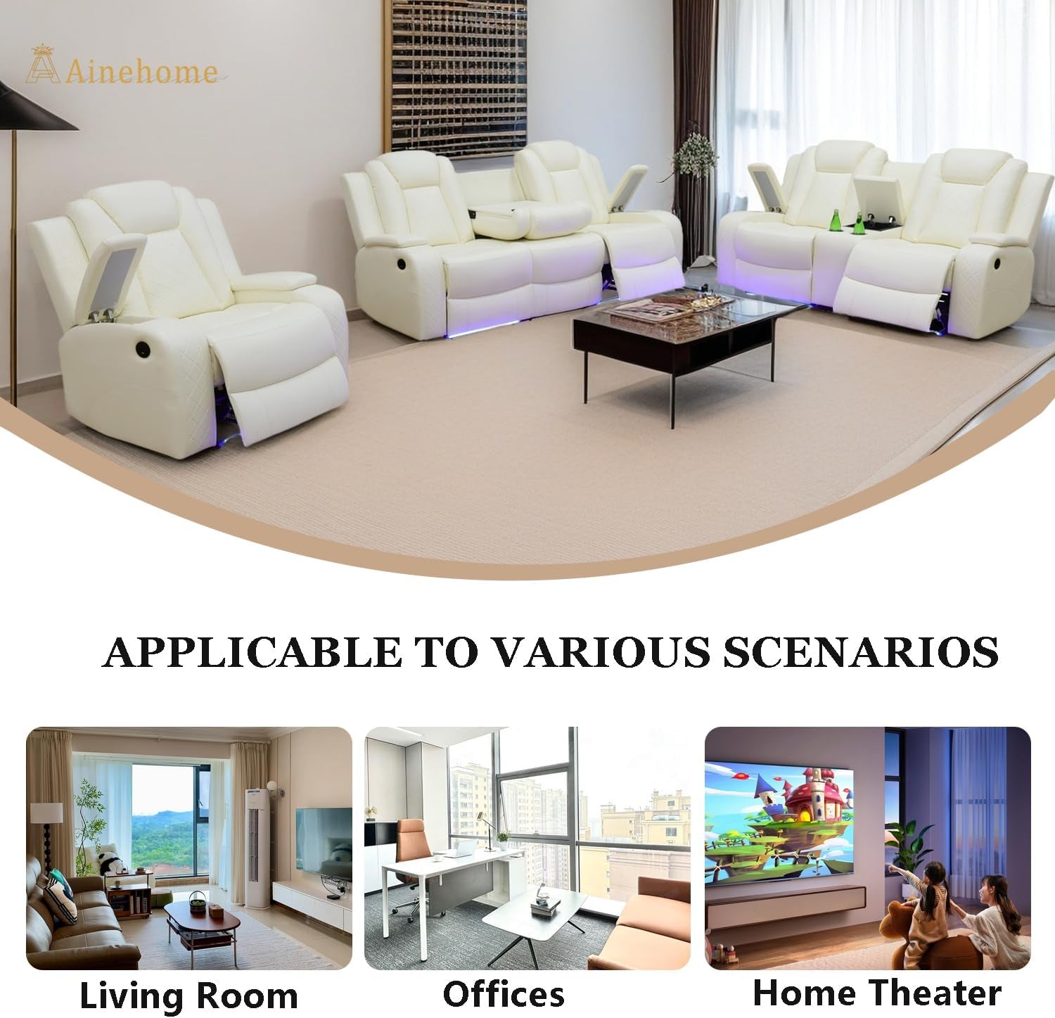 Power Recliner Sofa Set With Wireless Charging Creamy White in a living room setting with multiple recliners and coffee table