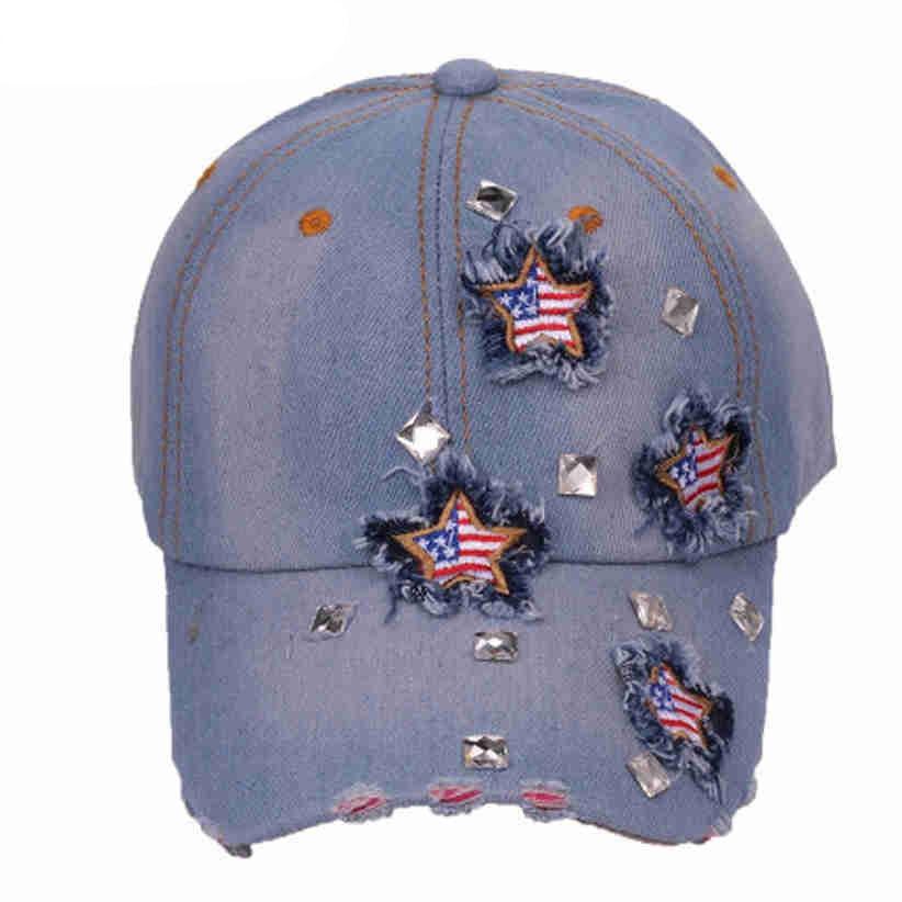 American Flag Distressed Denim Baseball Cap with star embroidery and rhinestones