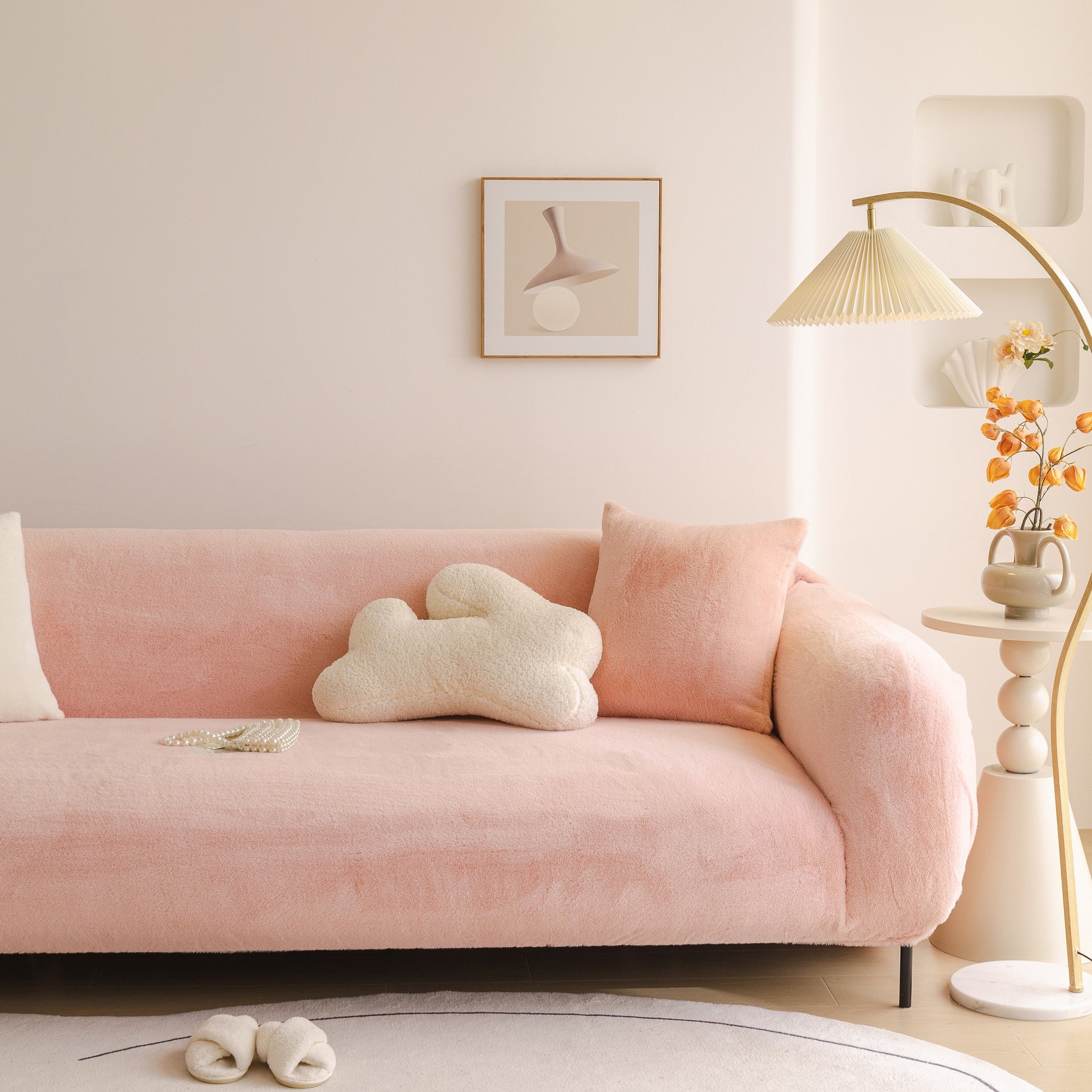 Soft Plush Warm Sofa Cover Stretchable Cozy Velvet Couch Protector for Fall & Winter in a stylish living room setting