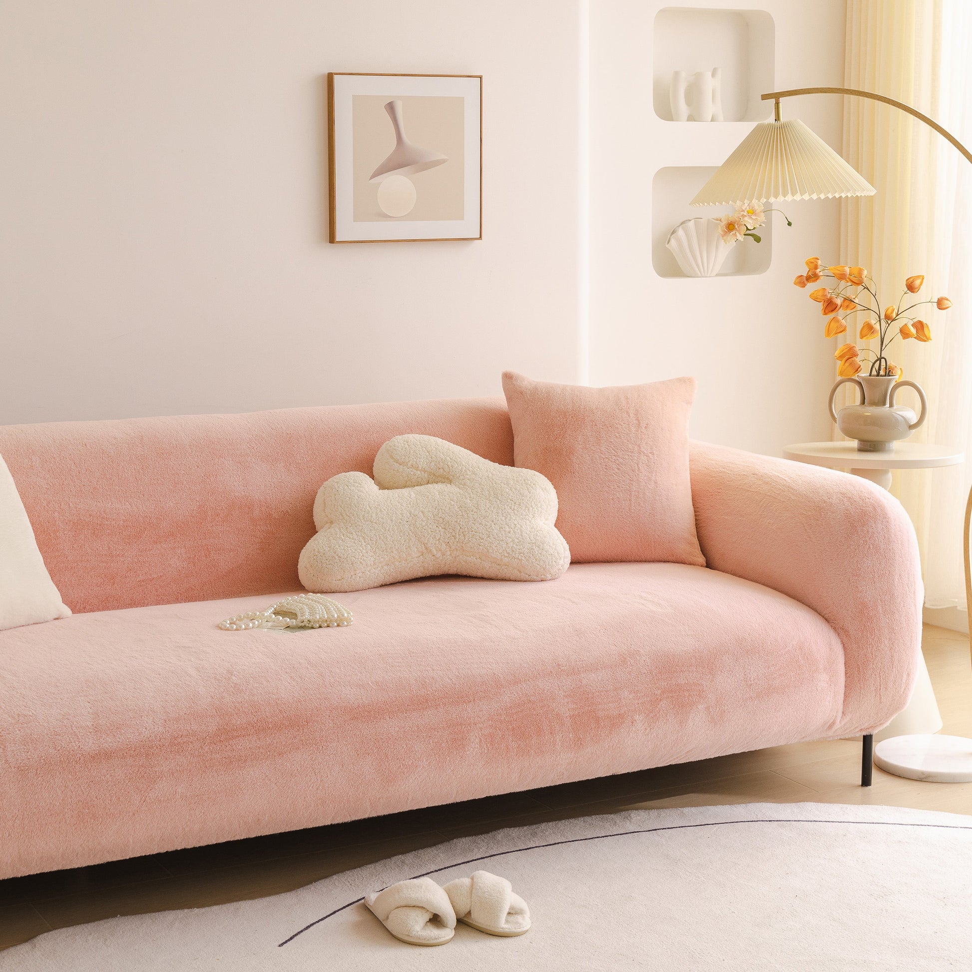 Soft Plush Warm Sofa Cover Stretchable Cozy Velvet Couch Protector for Fall & Winter on modern pink sofa with decorative pillows