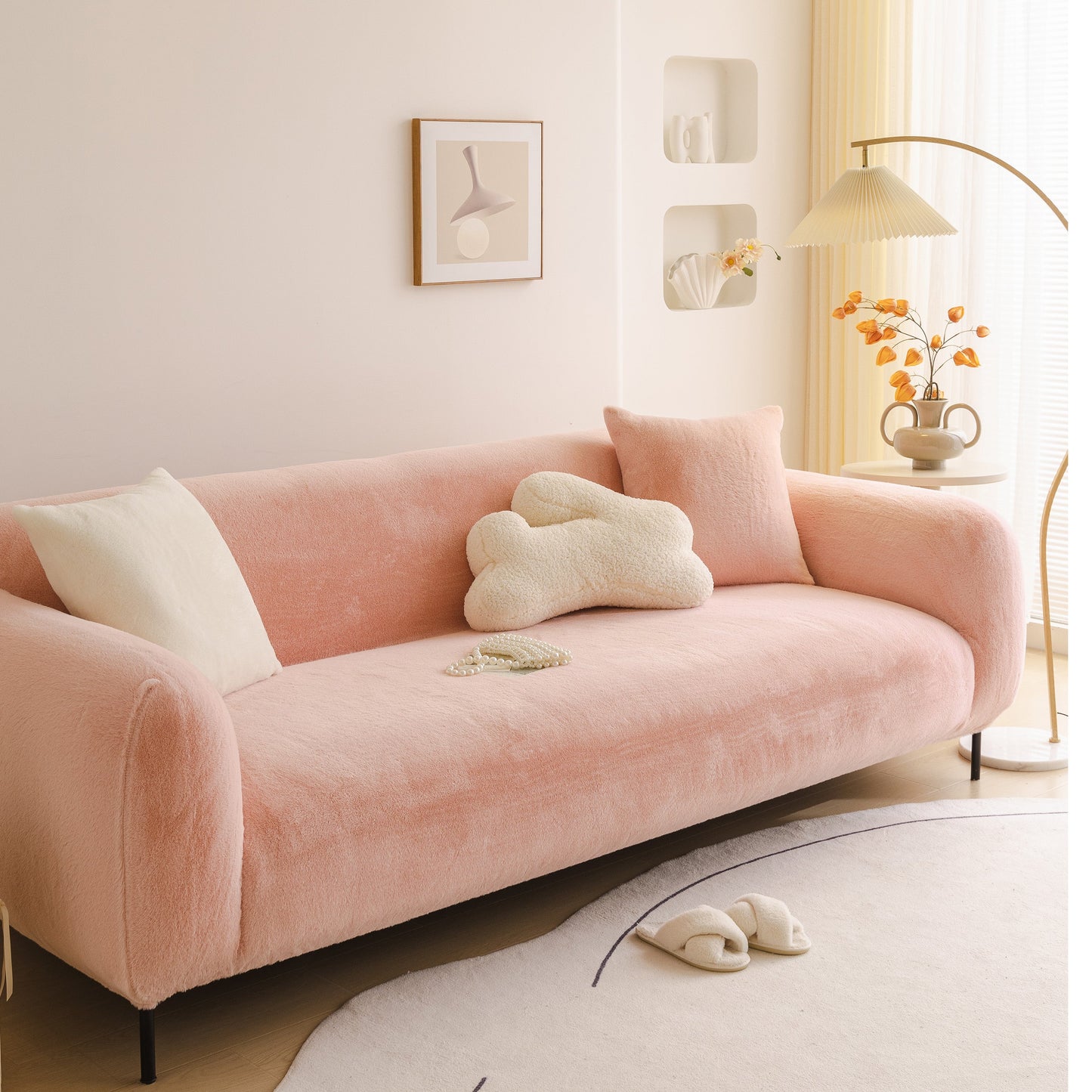 Soft Plush Warm Sofa Cover Stretchable Cozy Velvet Couch Protector for Fall & Winter on a pink sofa in a modern living room.