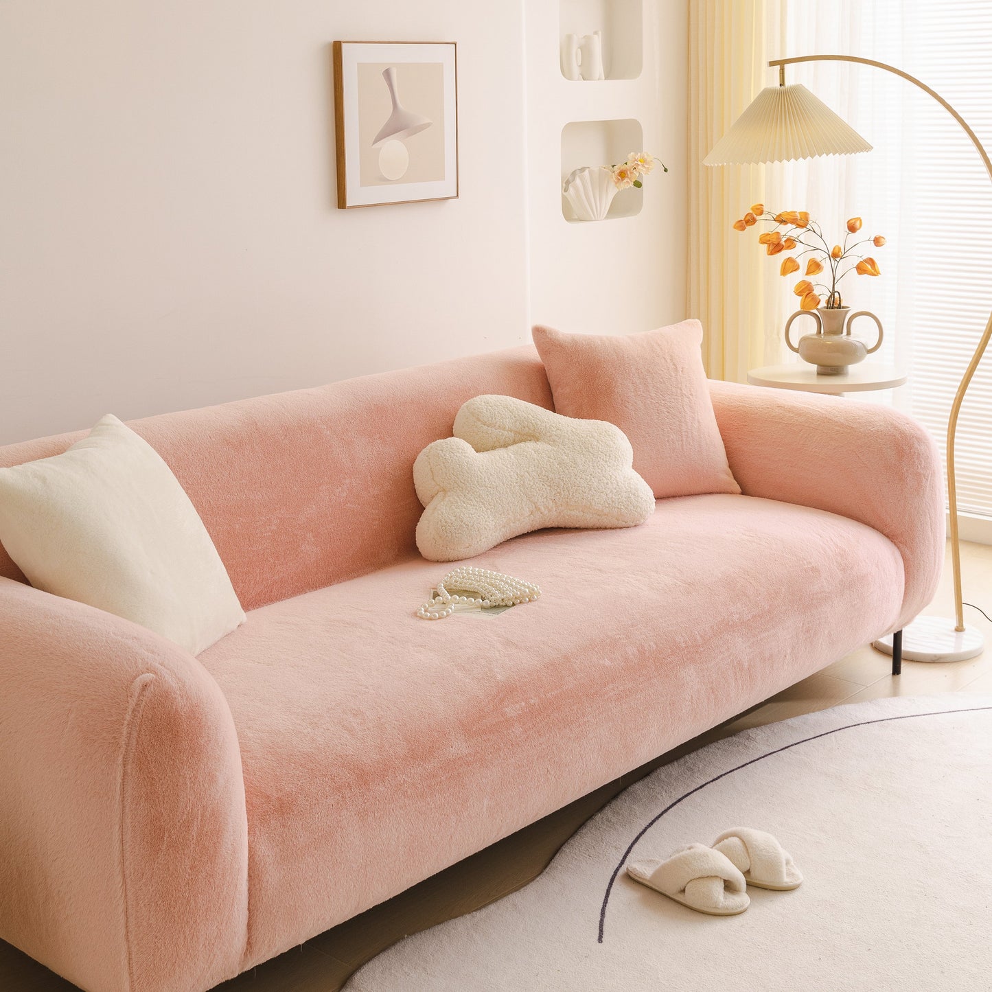 Soft Plush Warm Sofa Cover Stretchable Cozy Velvet Couch Protector for Fall & Winter on a modern sofa in a cozy living room