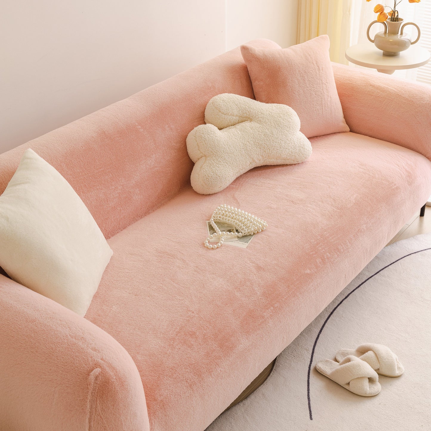 Soft Plush Warm Sofa Cover Stretchable Cozy Velvet Couch Protector for Fall & Winter in a living room setting.