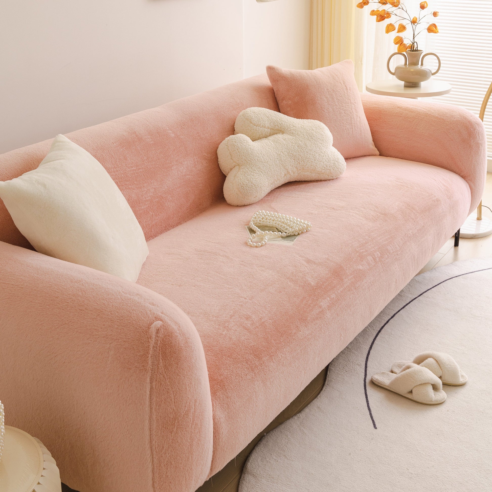 Soft Plush Warm Sofa Cover Stretchable Cozy Velvet Couch Protector for Fall & Winter in a living room setting with cushions.