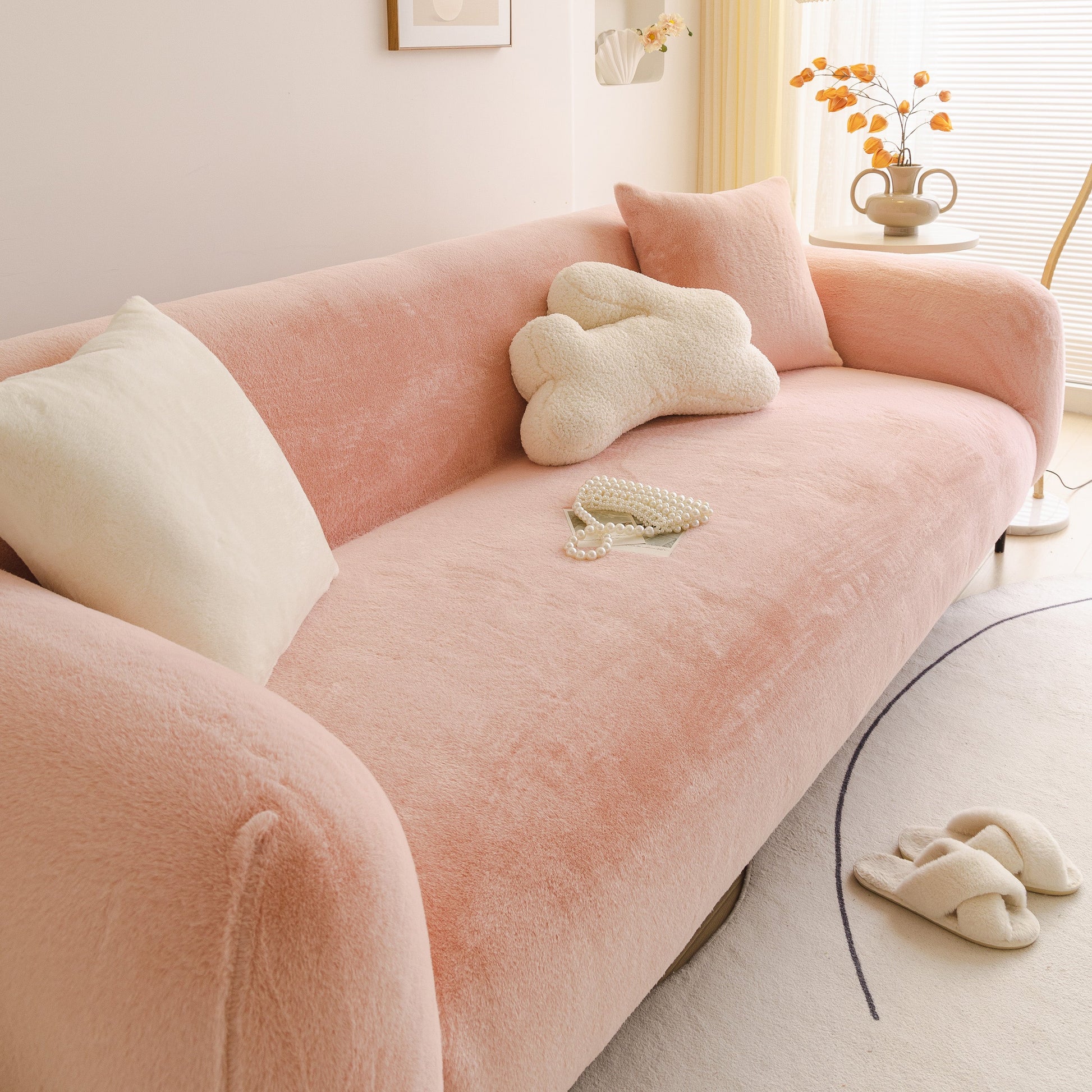Soft Plush Warm Sofa Cover Stretchable Cozy Velvet Couch Protector for Fall & Winter in a living room setting