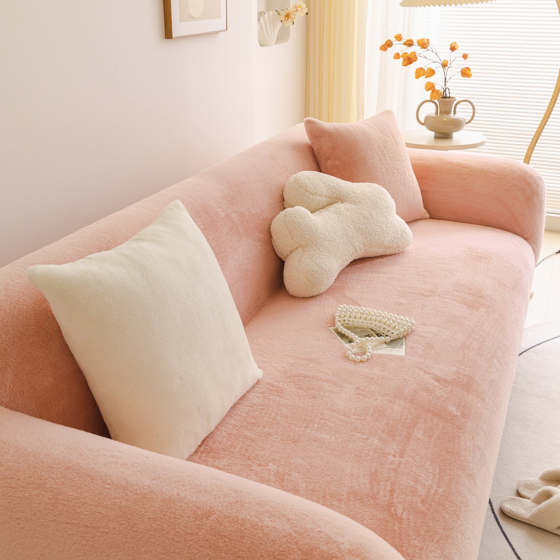 Soft Plush Warm Sofa Cover Stretchable Cozy Velvet Couch Protector for Fall & Winter in a living room setting, showcasing comfort.