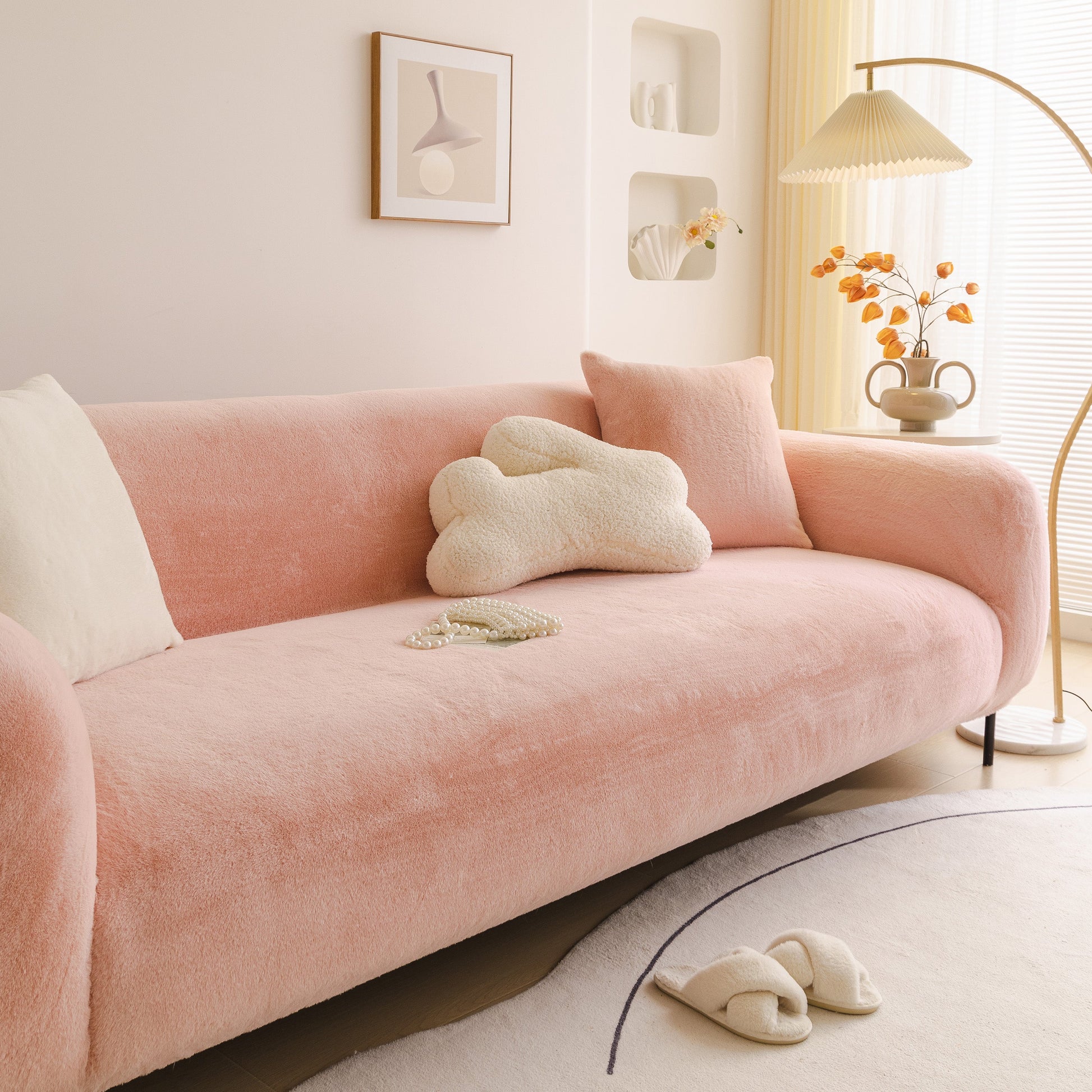 Soft Plush Warm Sofa Cover Stretchable Cozy Velvet Couch Protector for Fall & Winter on pink sofa in stylish living room