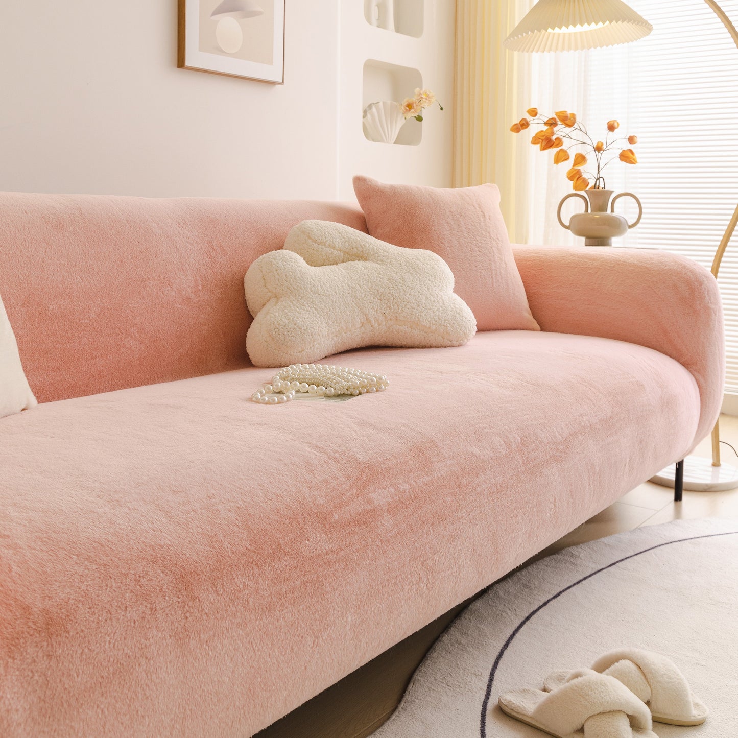Soft Plush Warm Sofa Cover Stretchable Cozy Velvet Couch Protector for Fall & Winter on pink sofa with decorative pillows