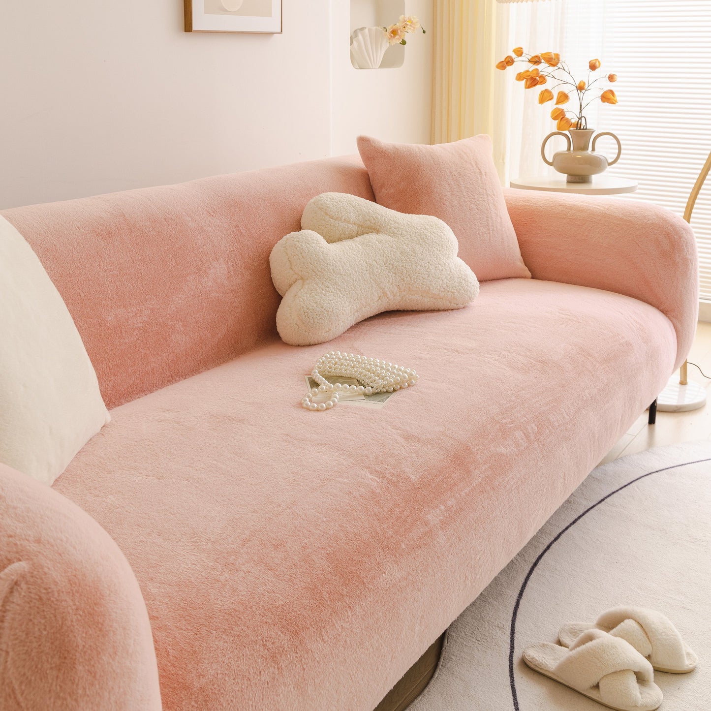 Soft Plush Warm Sofa Cover Stretchable Cozy Velvet Couch Protector for Fall & Winter on stylish pink couch with decorative pillows