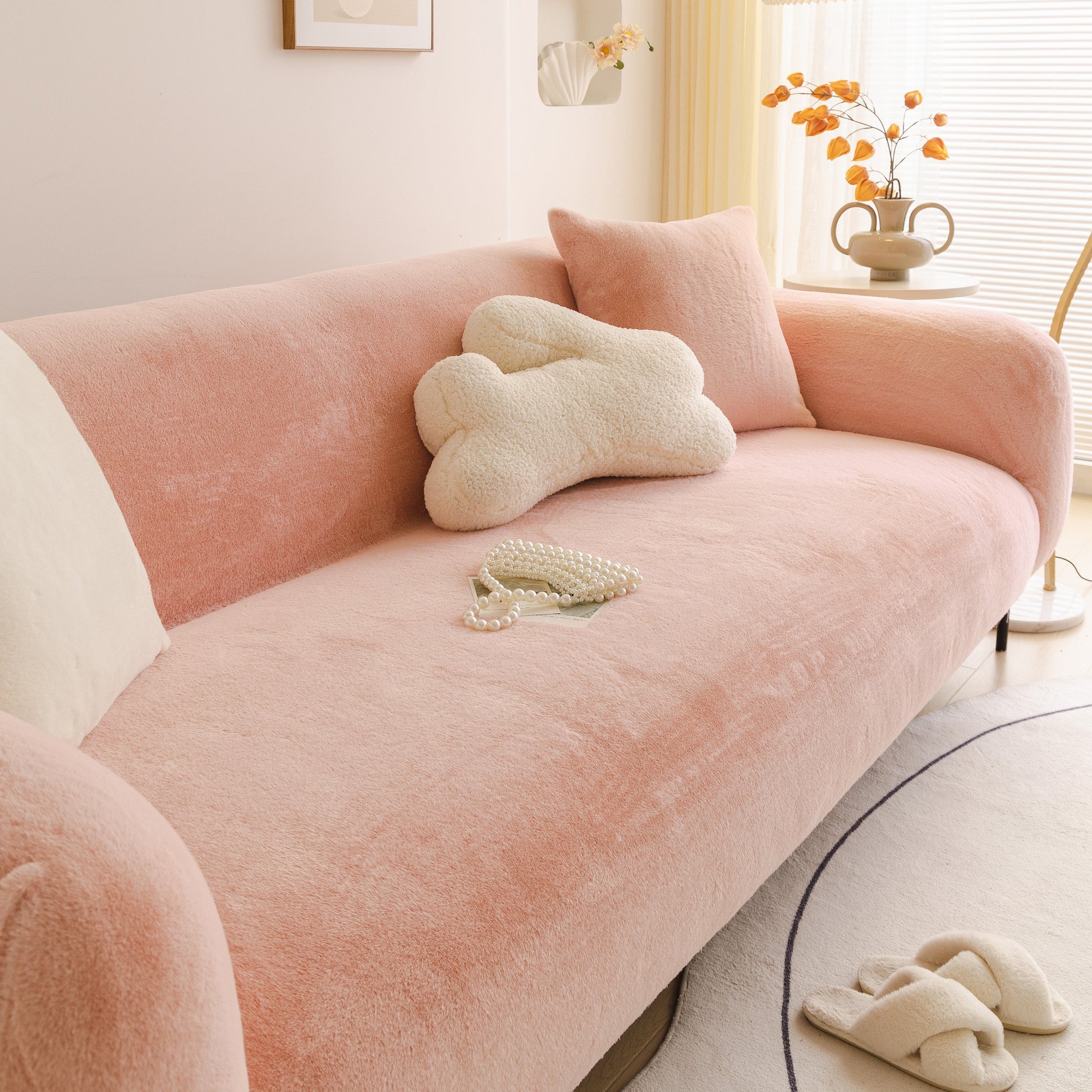 Soft Plush Warm Sofa Cover Stretchable Cozy Velvet Couch Protector for Fall & Winter on stylish pink couch with decorative pillows