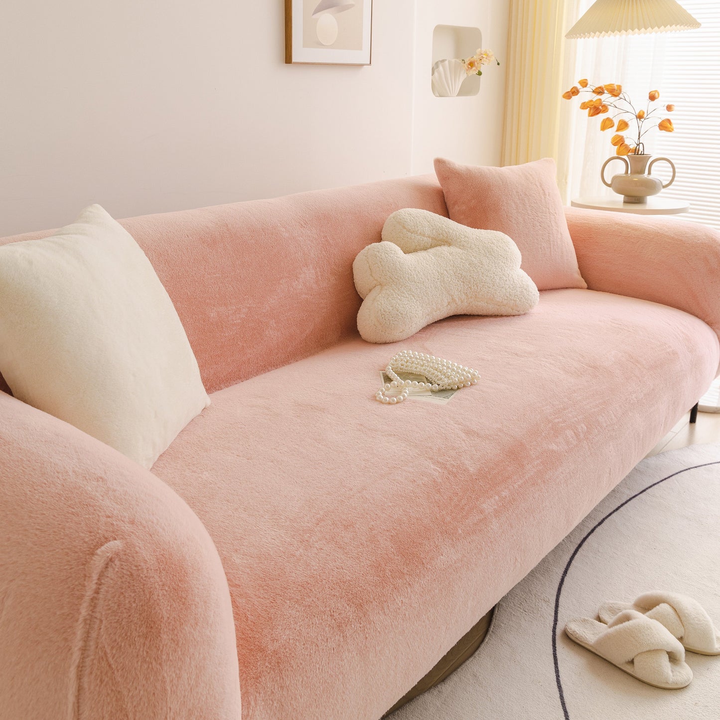 Soft Plush Warm Sofa Cover Stretchable Cozy Velvet Couch Protector for Fall & Winter in a cozy living room setting with pillows.