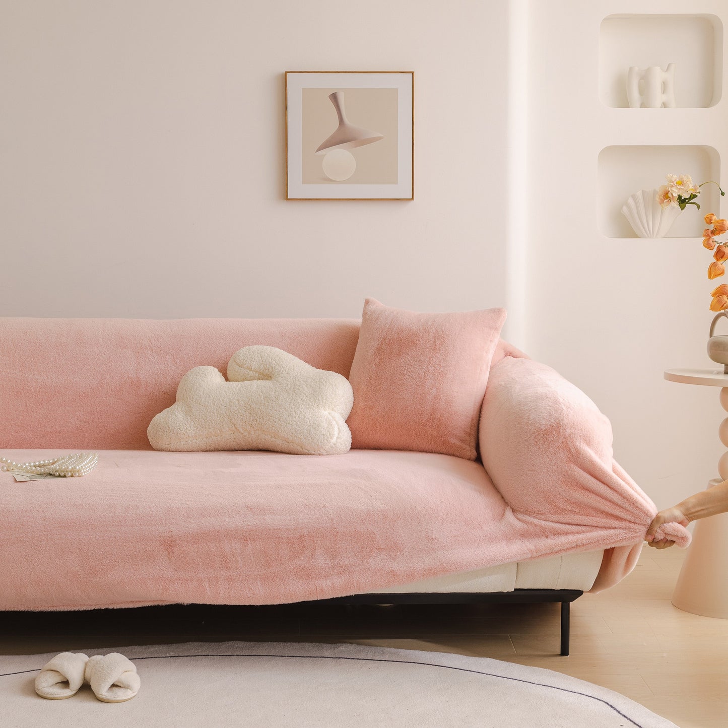 Soft Plush Warm Sofa Cover Stretchable Cozy Velvet Couch Protector for Fall & Winter in a modern living room setting
