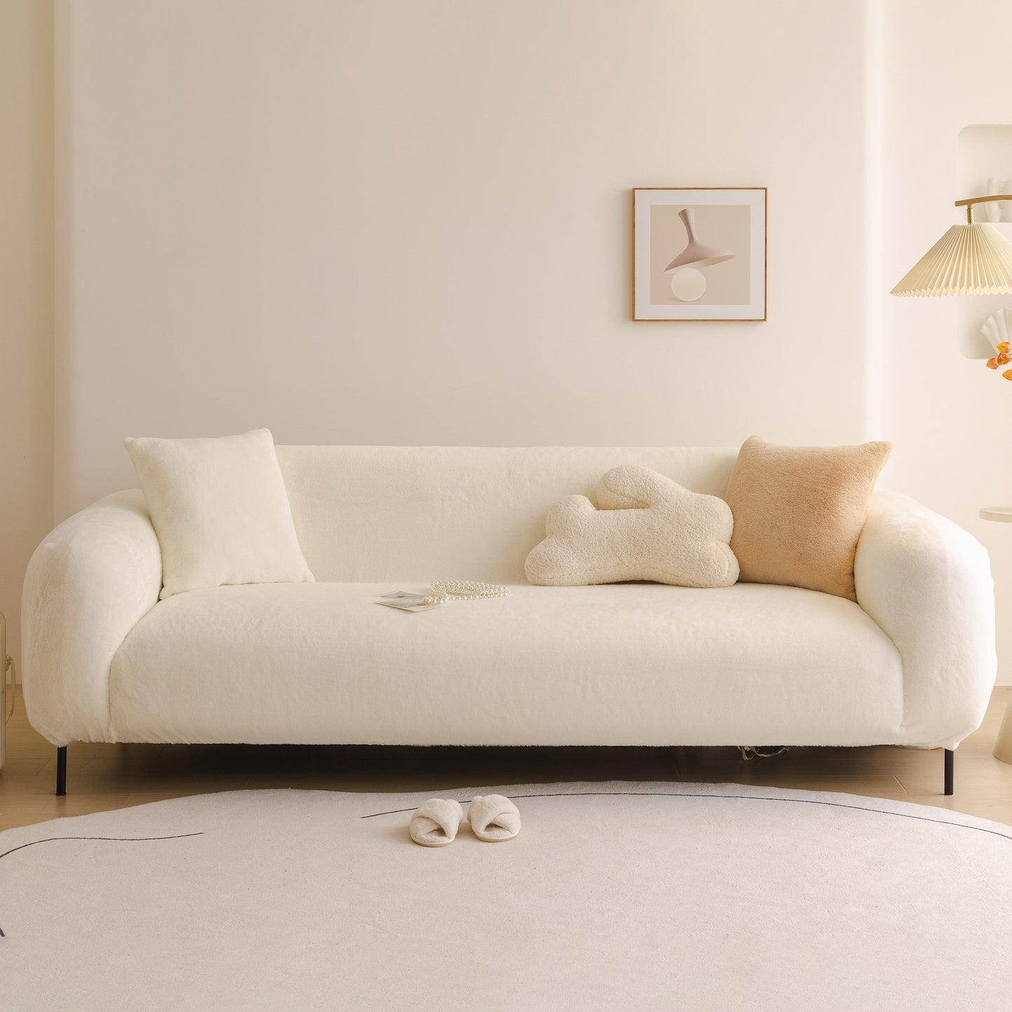 Soft Plush Warm Sofa Cover Stretchable Cozy Velvet Couch Protector for Fall & Winter on a white sofa with pillows