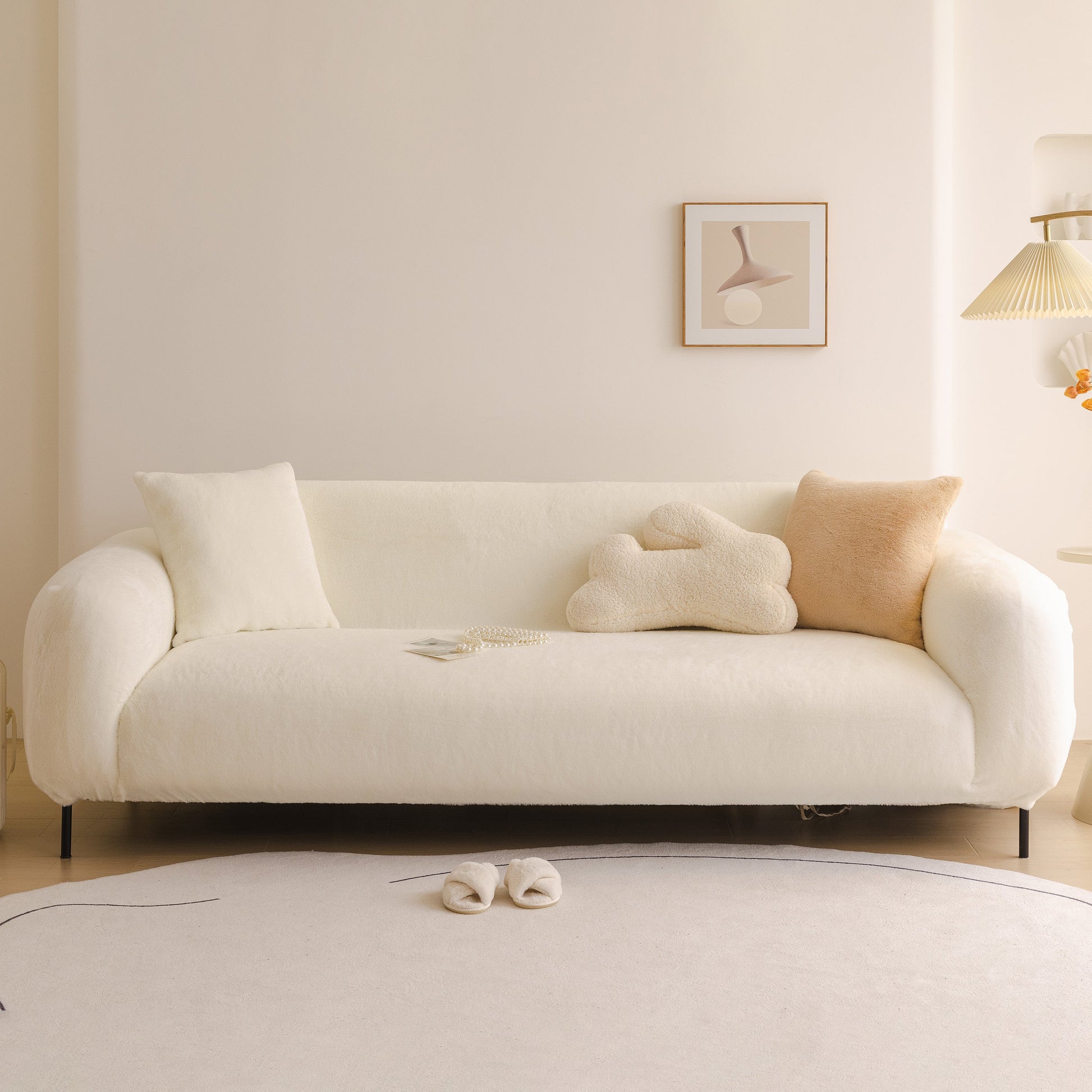 Soft Plush Warm Sofa Cover Stretchable Cozy Velvet Couch Protector for Fall & Winter on a white sofa with pillows