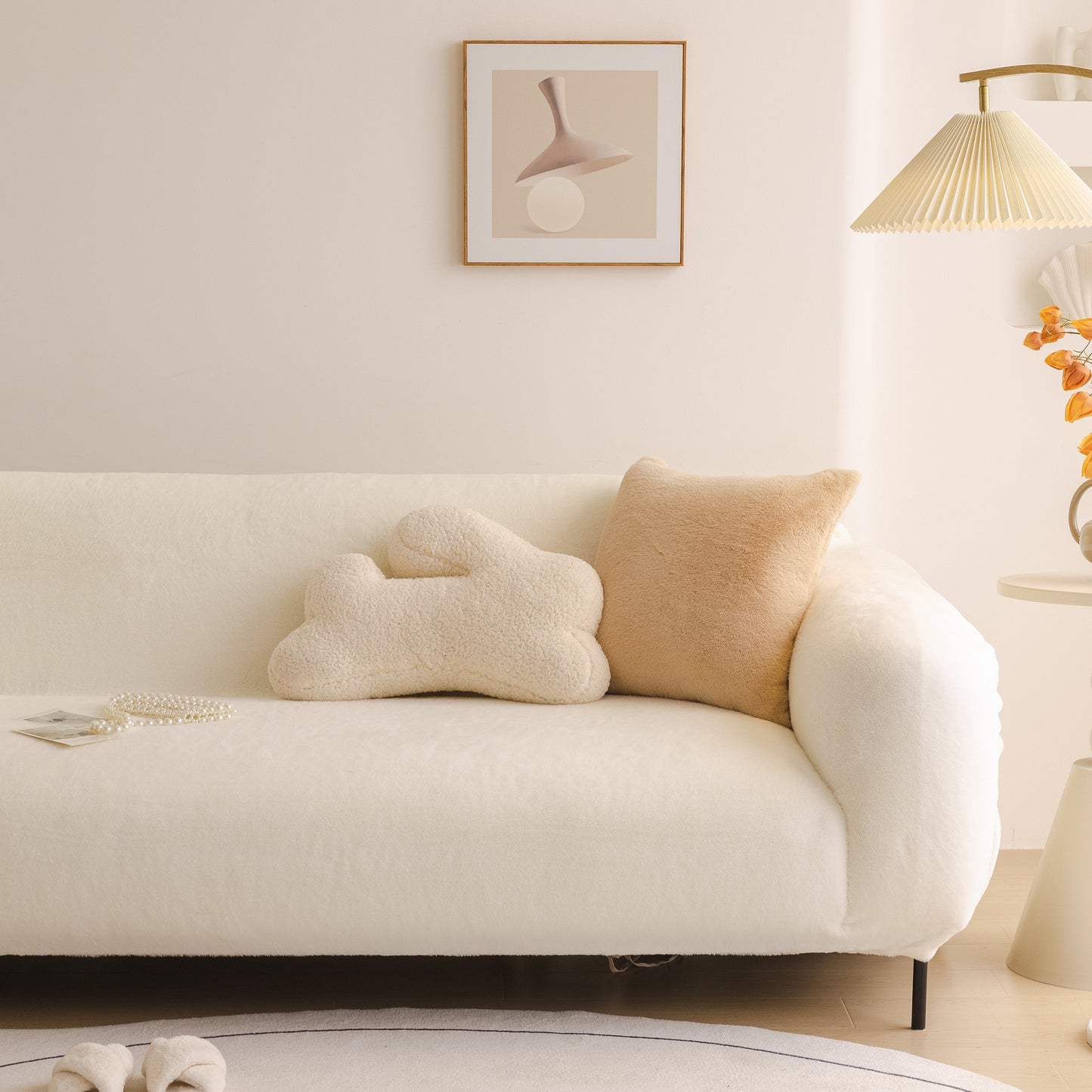 Elegant living room featuring a Soft Plush Warm Sofa Cover Stretchable Cozy Velvet Couch Protector for Fall & Winter.