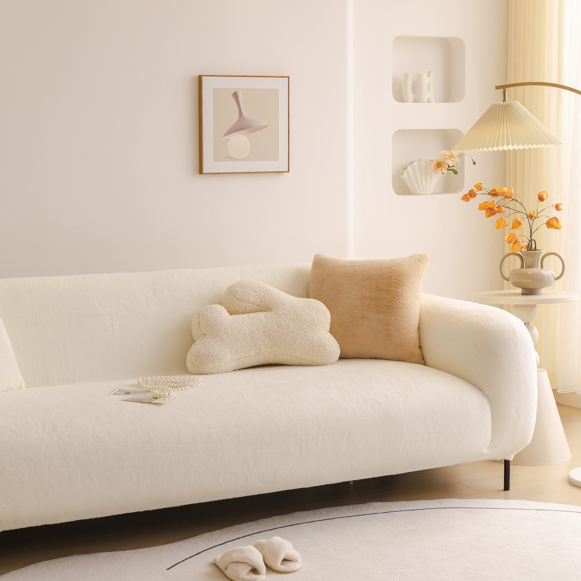 Soft Plush Warm Sofa Cover Stretchable Cozy Velvet Couch Protector for Fall & Winter on a modern white sofa.