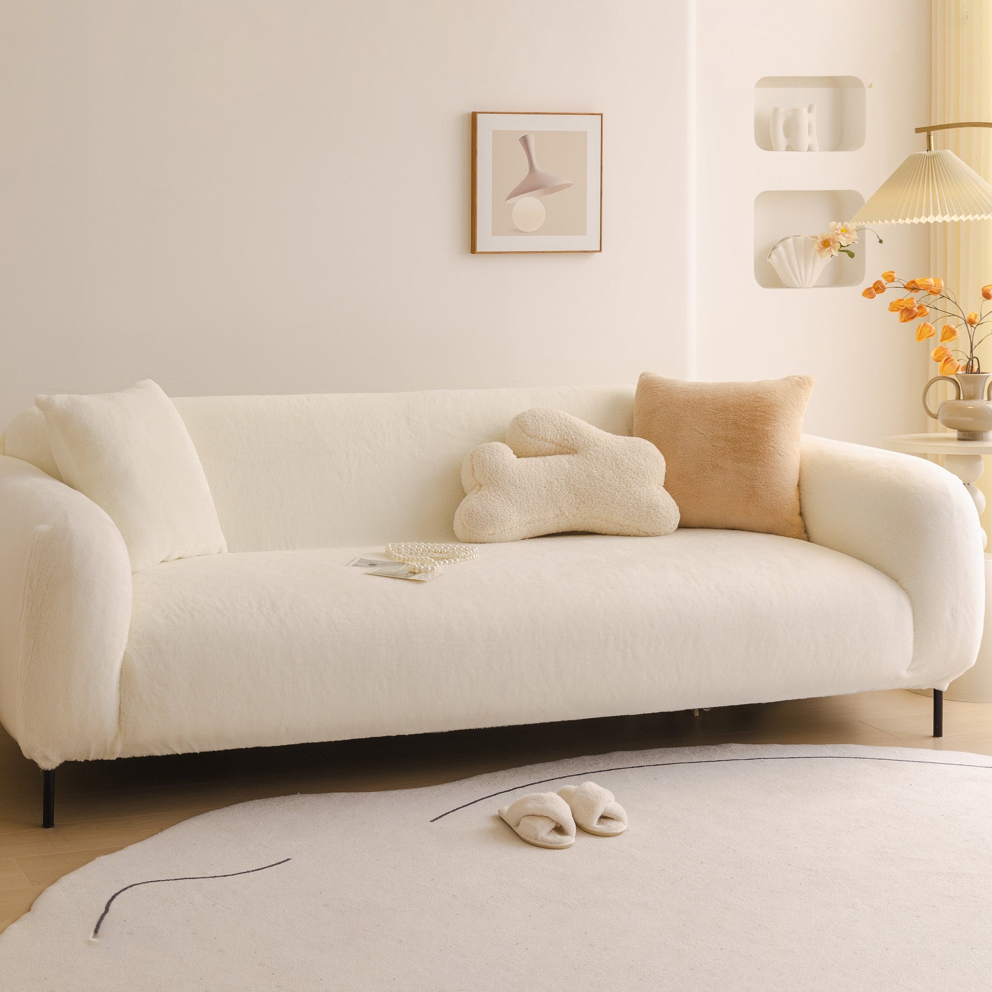 Soft Plush Warm Sofa Cover Stretchable Cozy Velvet Couch Protector for Fall & Winter on a modern white sofa