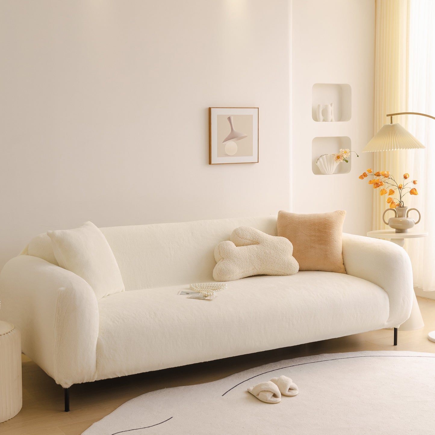 Soft Plush Warm Sofa Cover Stretchable Cozy Velvet Couch Protector for Fall & Winter on a modern white sofa in a bright living room