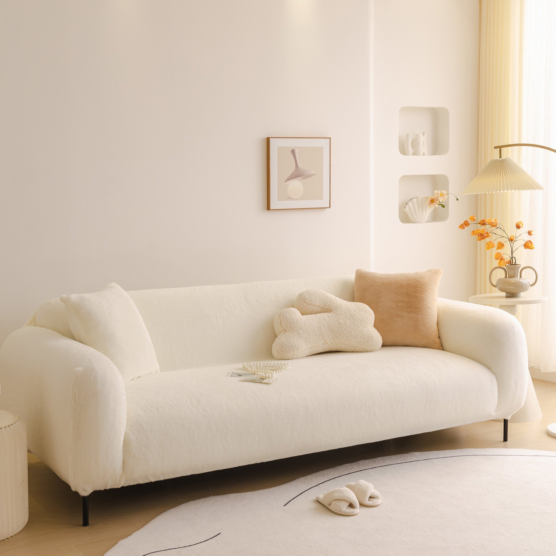 Soft Plush Warm Sofa Cover Stretchable Cozy Velvet Couch Protector for Fall & Winter on a modern white sofa in a bright living room