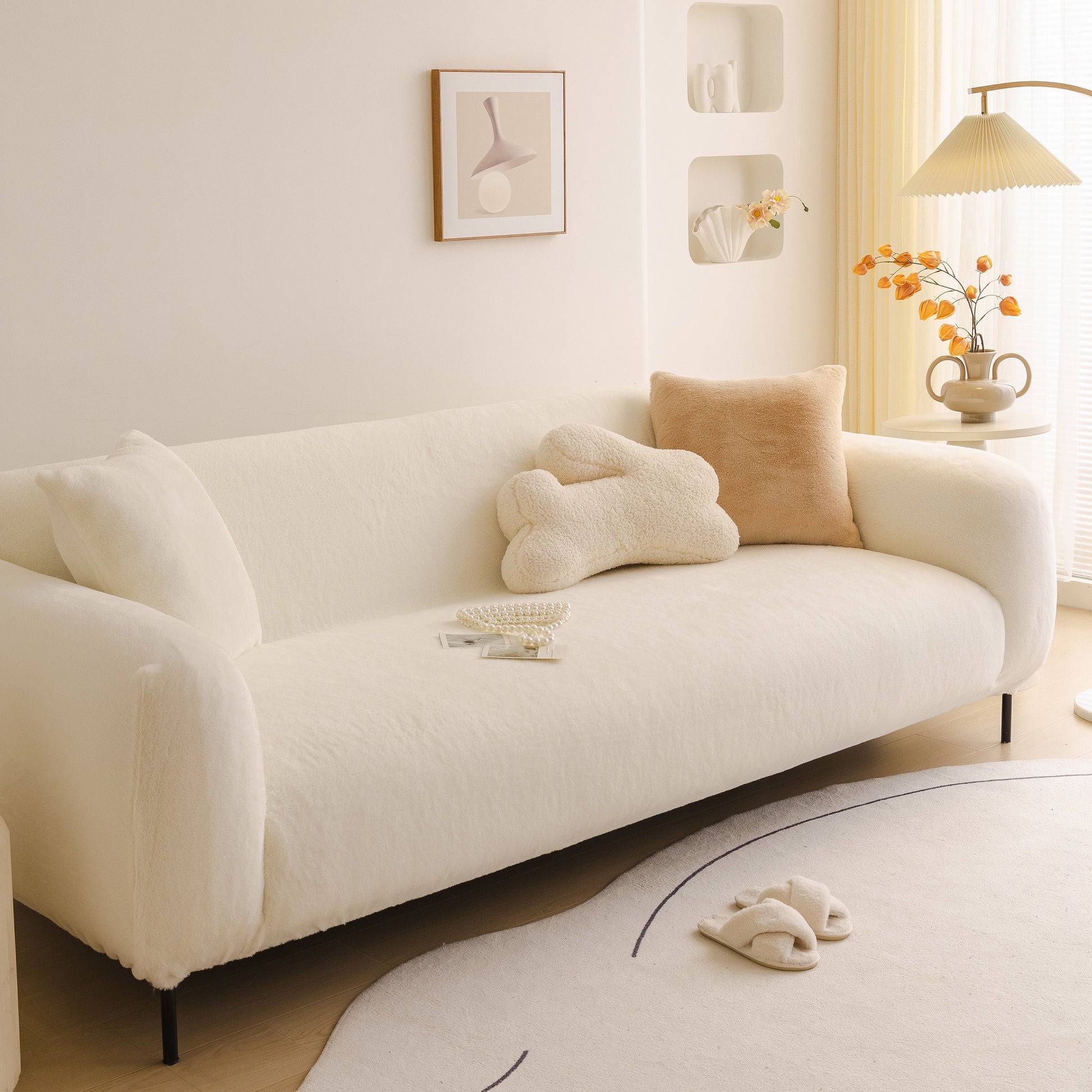 Soft Plush Warm Sofa Cover Stretchable Cozy Velvet Couch Protector for Fall & Winter on elegant cream couch setting