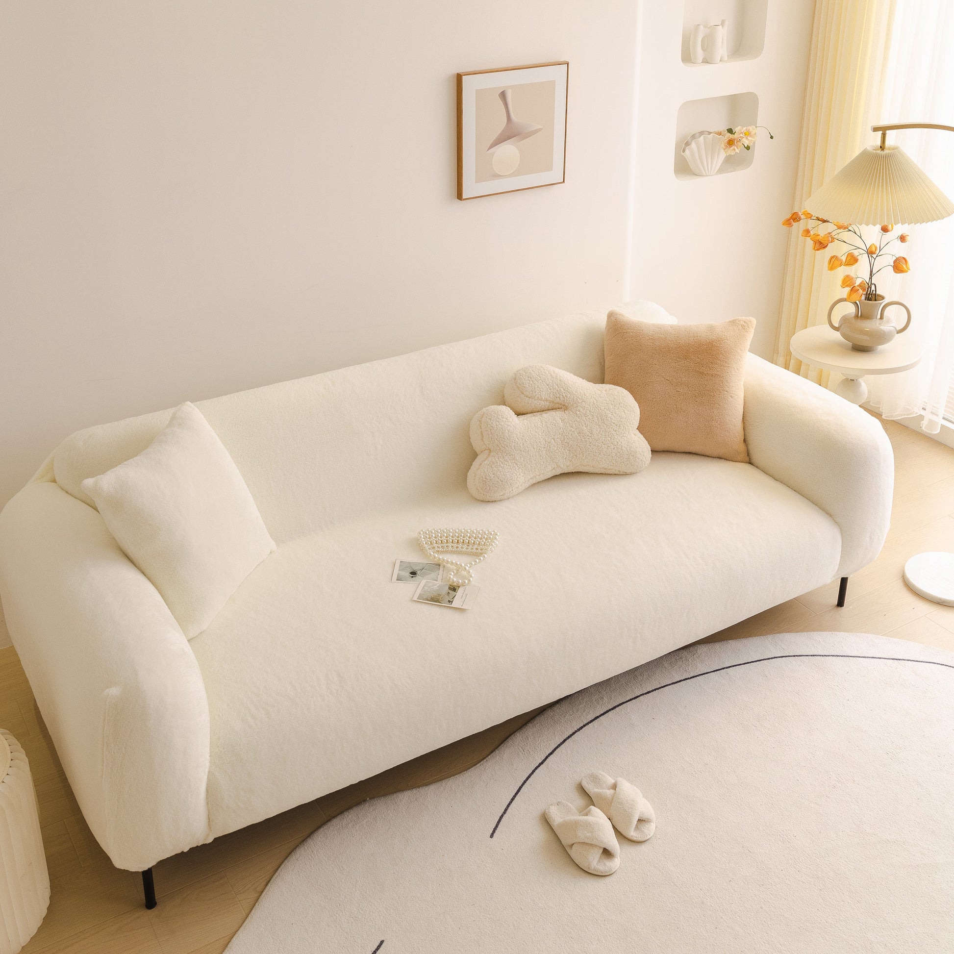 Soft Plush Warm Sofa Cover Stretchable Cozy Velvet Couch Protector for Fall & Winter on a modern sofa with decorative pillows.