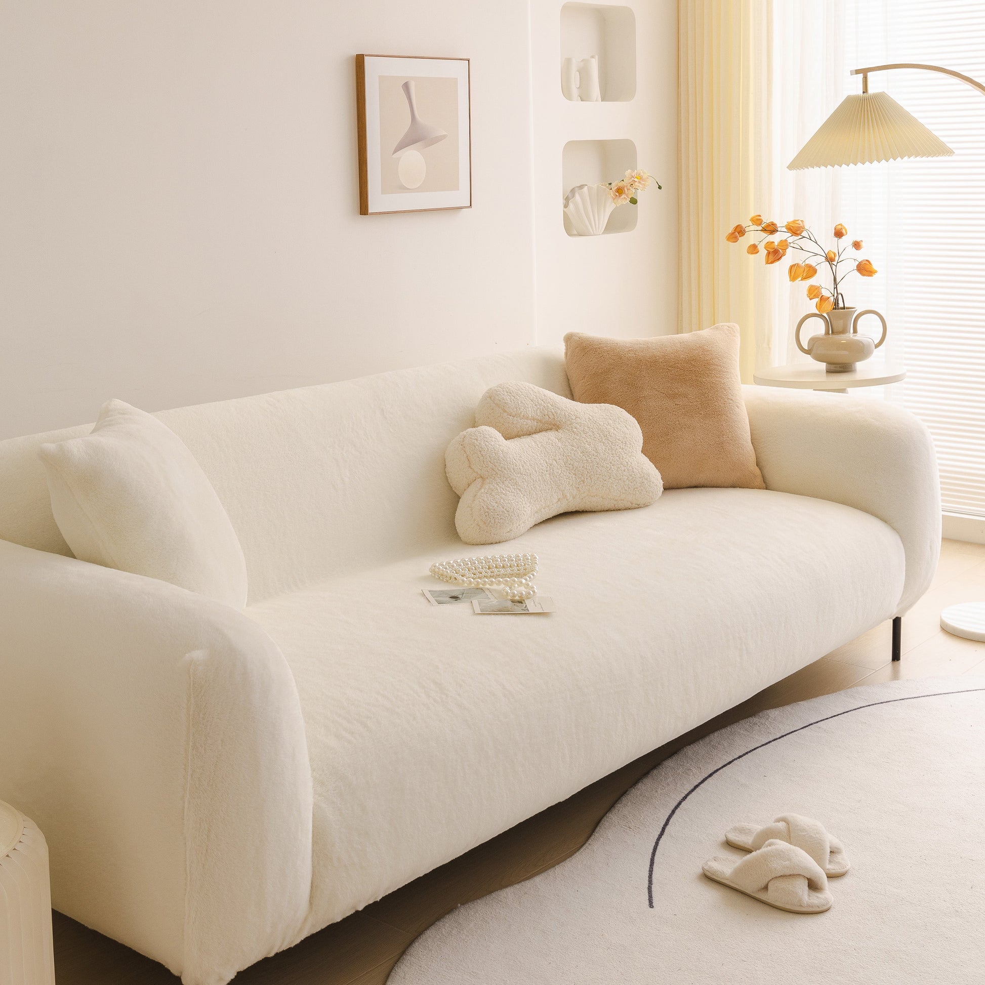 Soft Plush Warm Sofa Cover Stretchable Cozy Velvet Couch Protector for Fall & Winter on modern sofa in bright living room