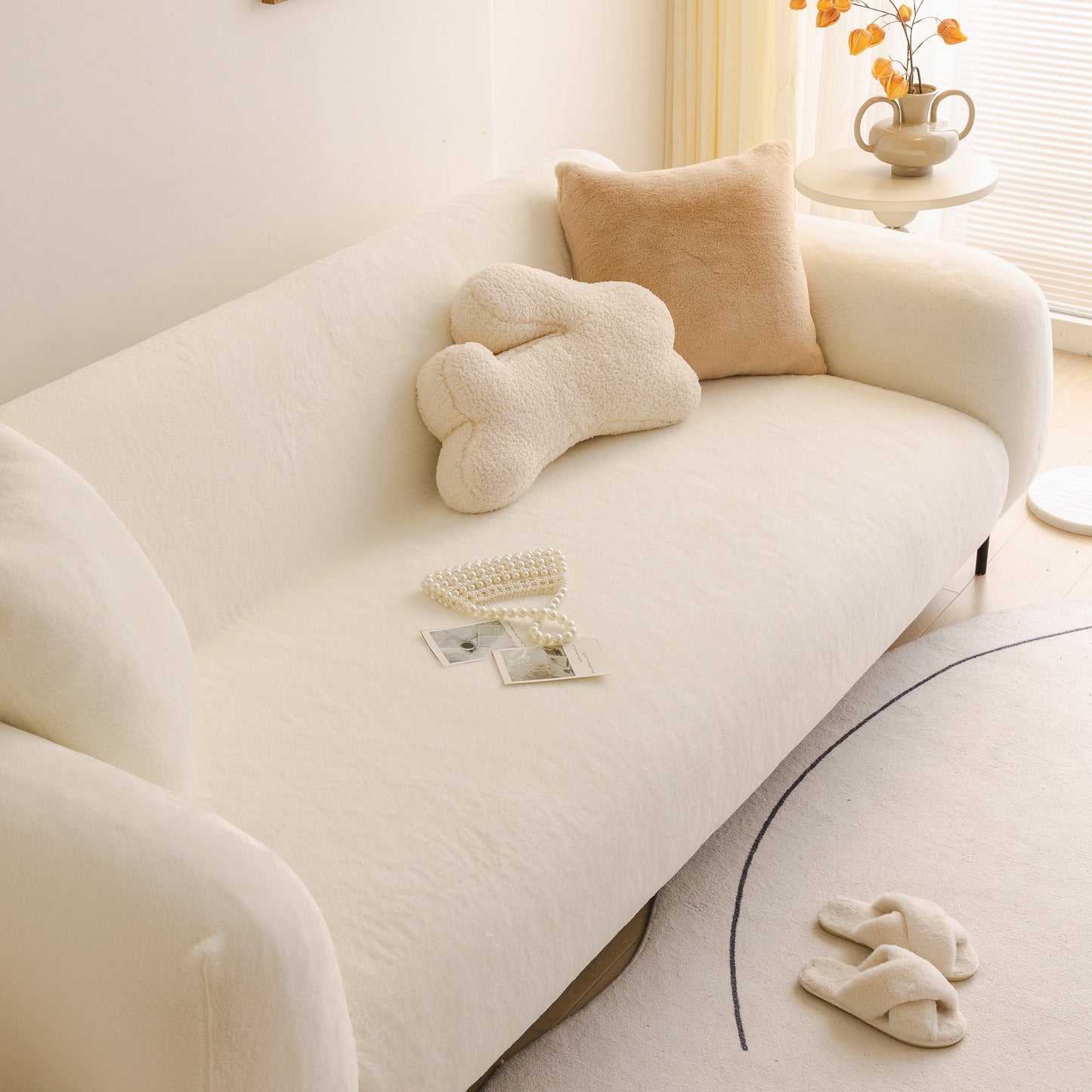 Soft Plush Warm Sofa Cover Stretchable Cozy Velvet Couch Protector for Fall & Winter in a stylish living room setting.