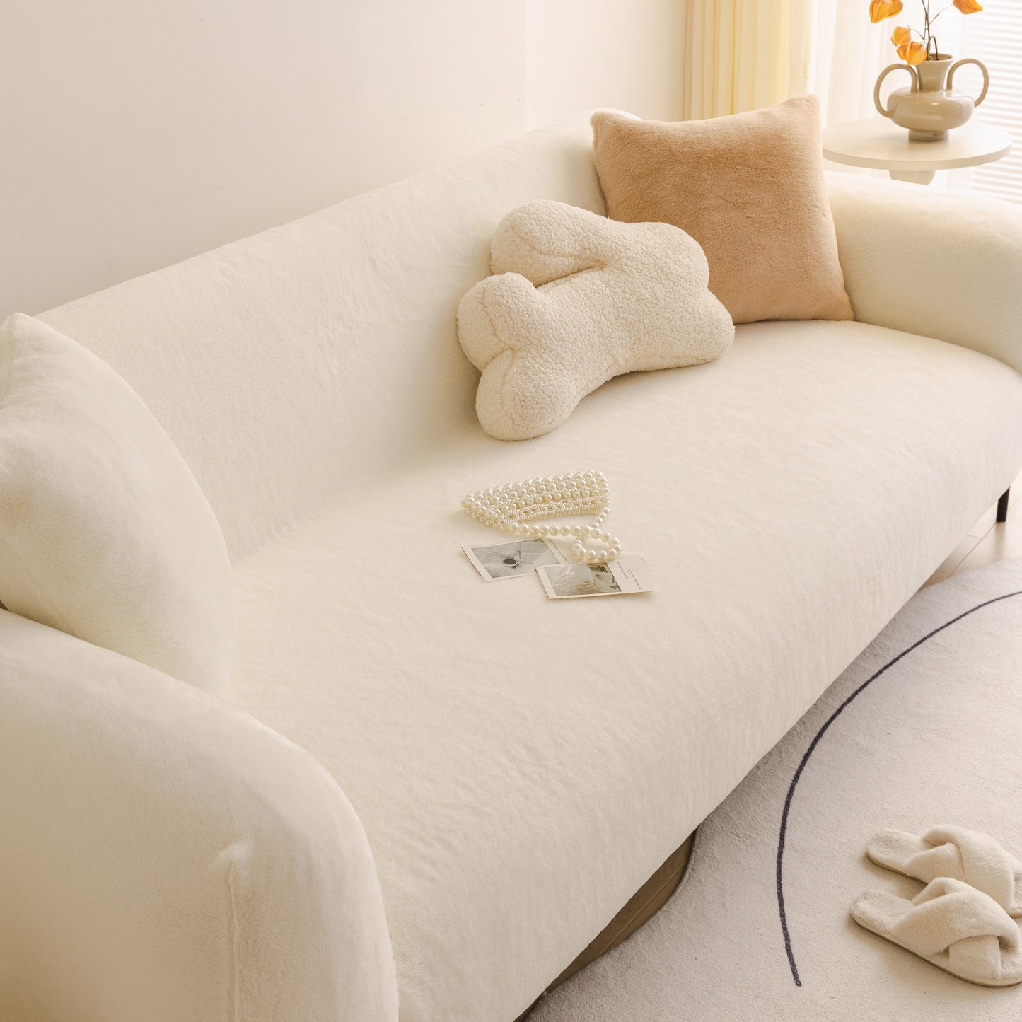 Soft Plush Warm Sofa Cover Stretchable Cozy Velvet Couch Protector for Fall & Winter on a comfortable living room setup