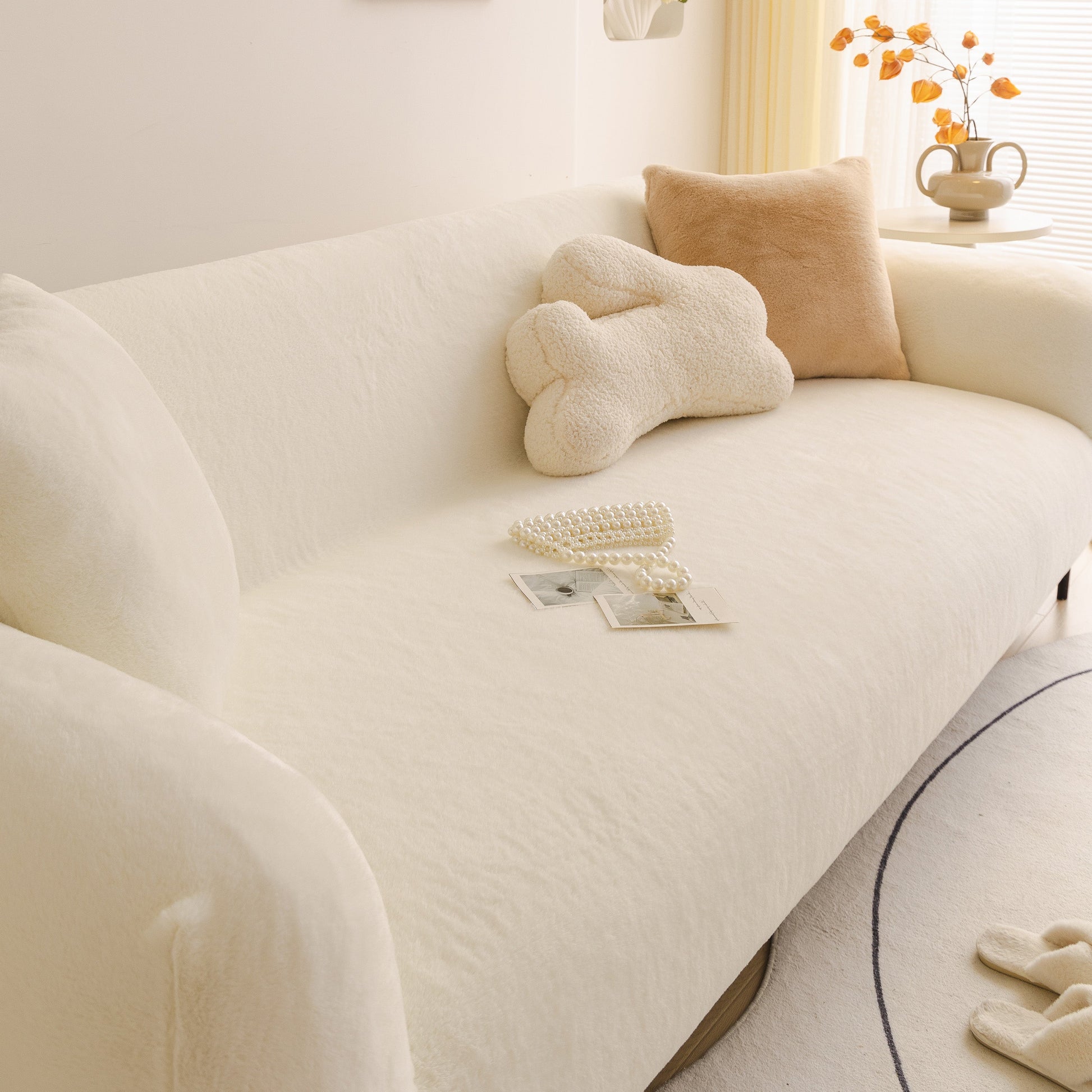 Soft Plush Warm Sofa Cover Stretchable Cozy Velvet Couch Protector for Fall & Winter enhancing a comfy living room setup.