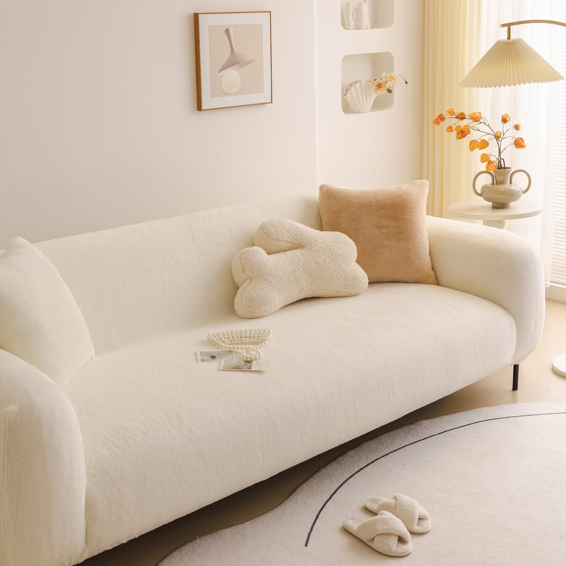 Soft Plush Warm Sofa Cover Stretchable Cozy Velvet Couch Protector for Fall & Winter on a stylish living room sofa.