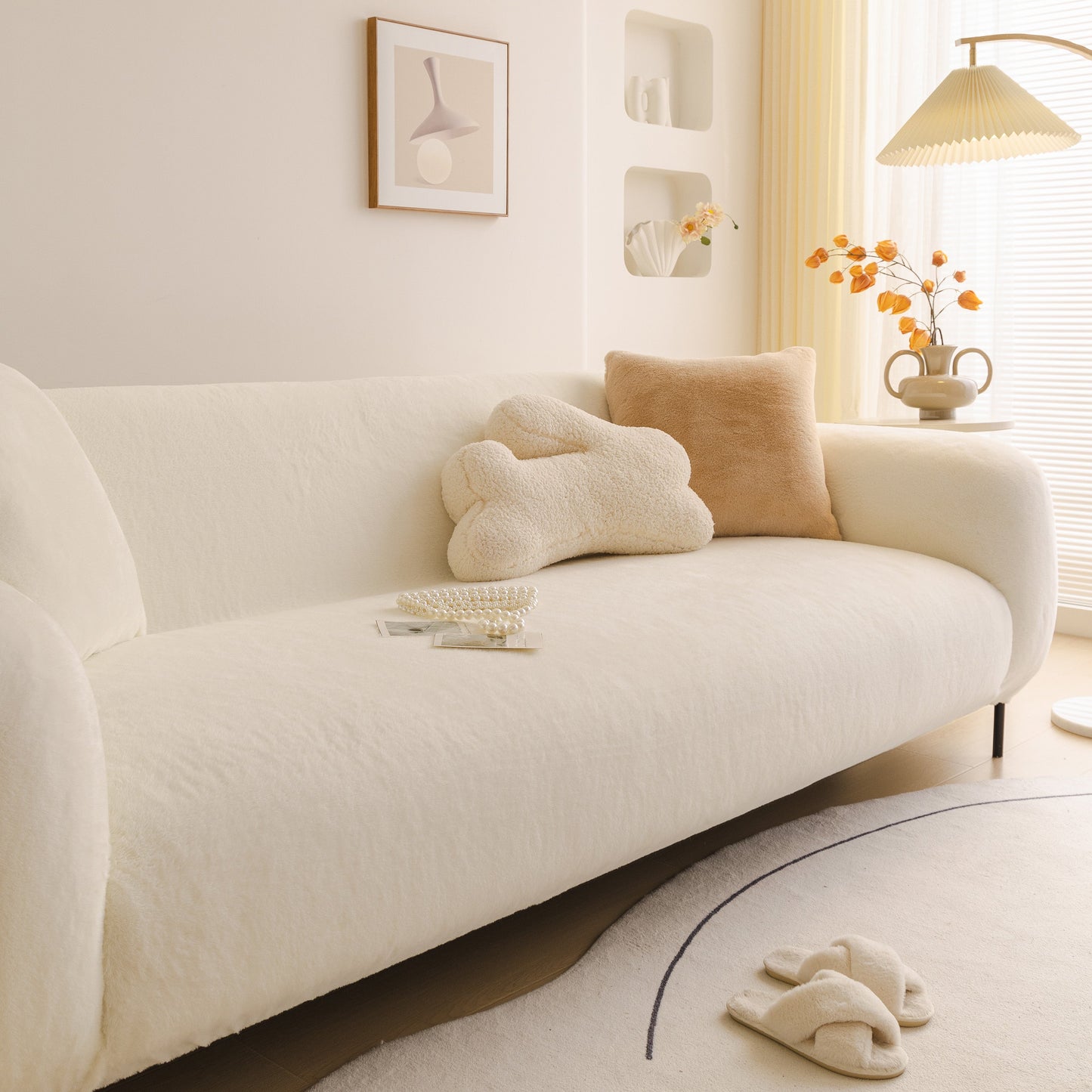 Soft Plush Warm Sofa Cover Stretchable Cozy Velvet Couch Protector for Fall & Winter on a modern living room sofa