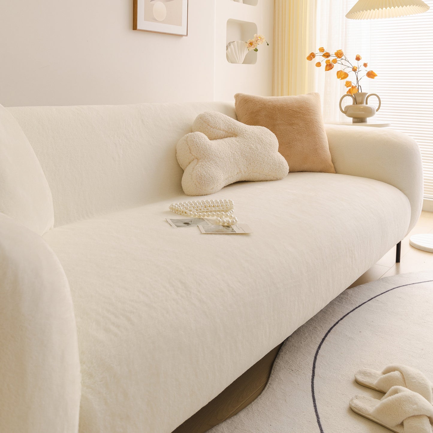 Soft Plush Warm Sofa Cover Stretchable Cozy Velvet Couch Protector for Fall & Winter on a modern sofa with decorative cushions