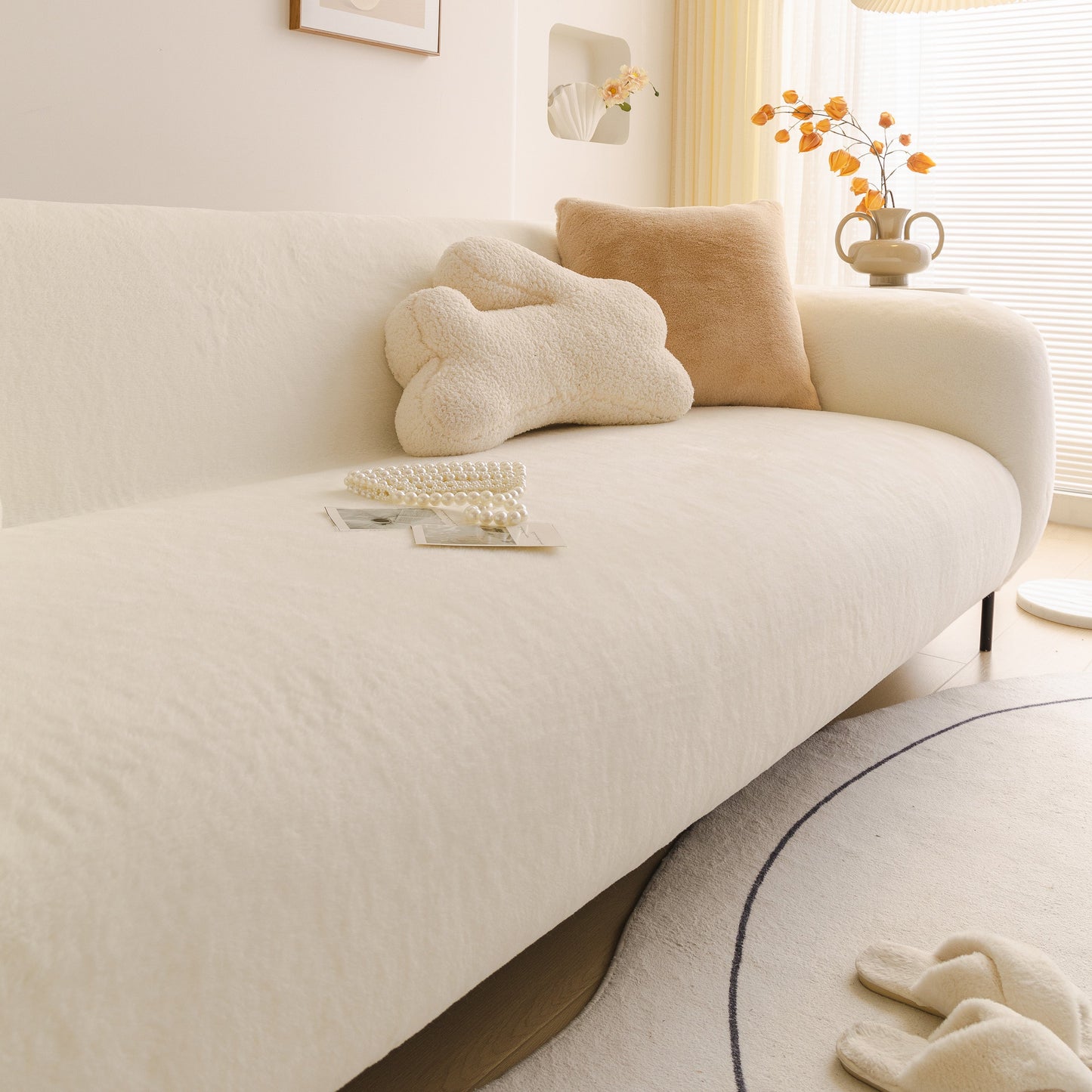 Soft Plush Warm Sofa Cover Stretchable Cozy Velvet Couch Protector for Fall & Winter on a stylish beige sofa