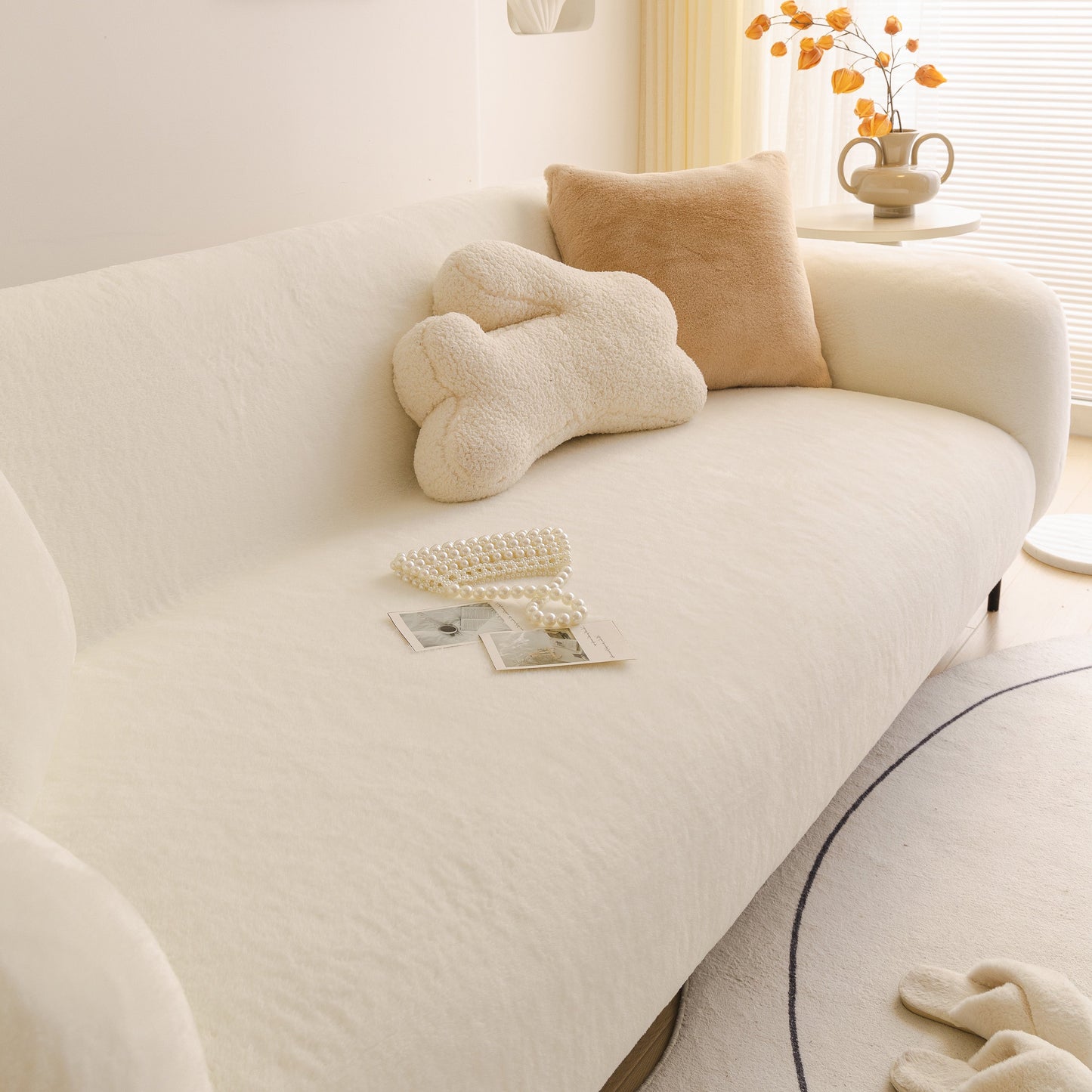 Soft Plush Warm Sofa Cover Stretchable Cozy Velvet Couch Protector for Fall & Winter on a living room couch