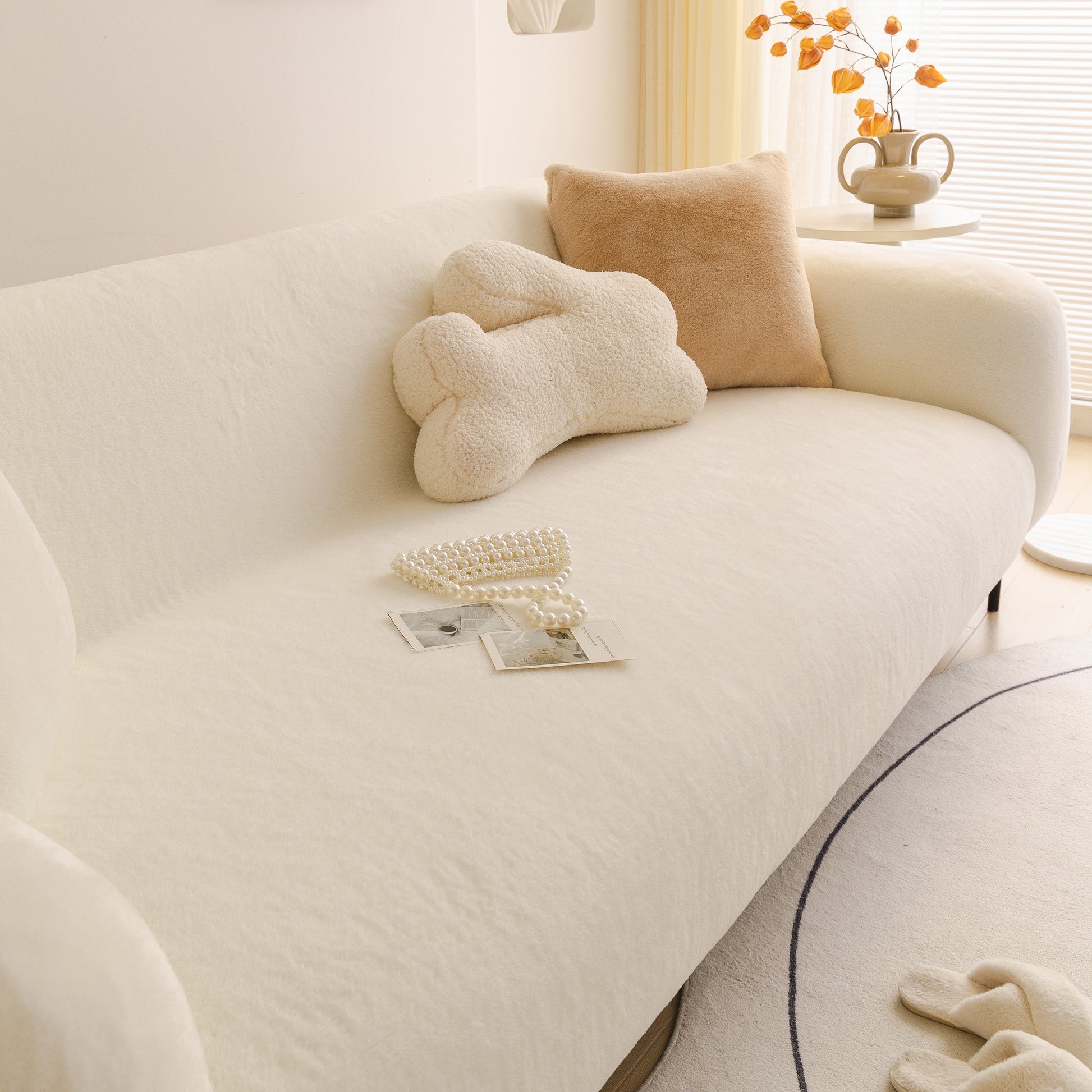 Soft Plush Warm Sofa Cover Stretchable Cozy Velvet Couch Protector for Fall & Winter on a living room couch
