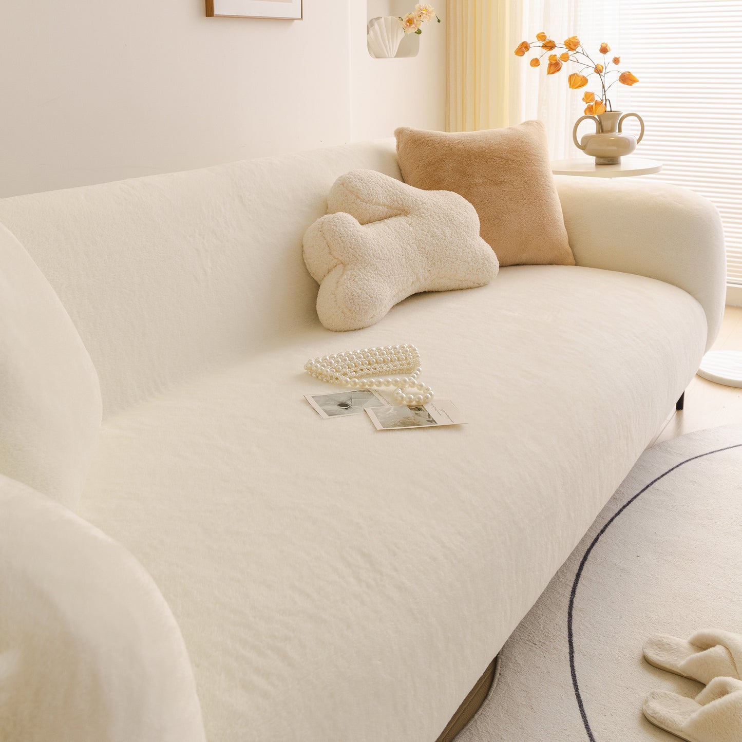 Soft Plush Warm Sofa Cover Stretchable Cozy Velvet Couch Protector for Fall & Winter on cream sofa