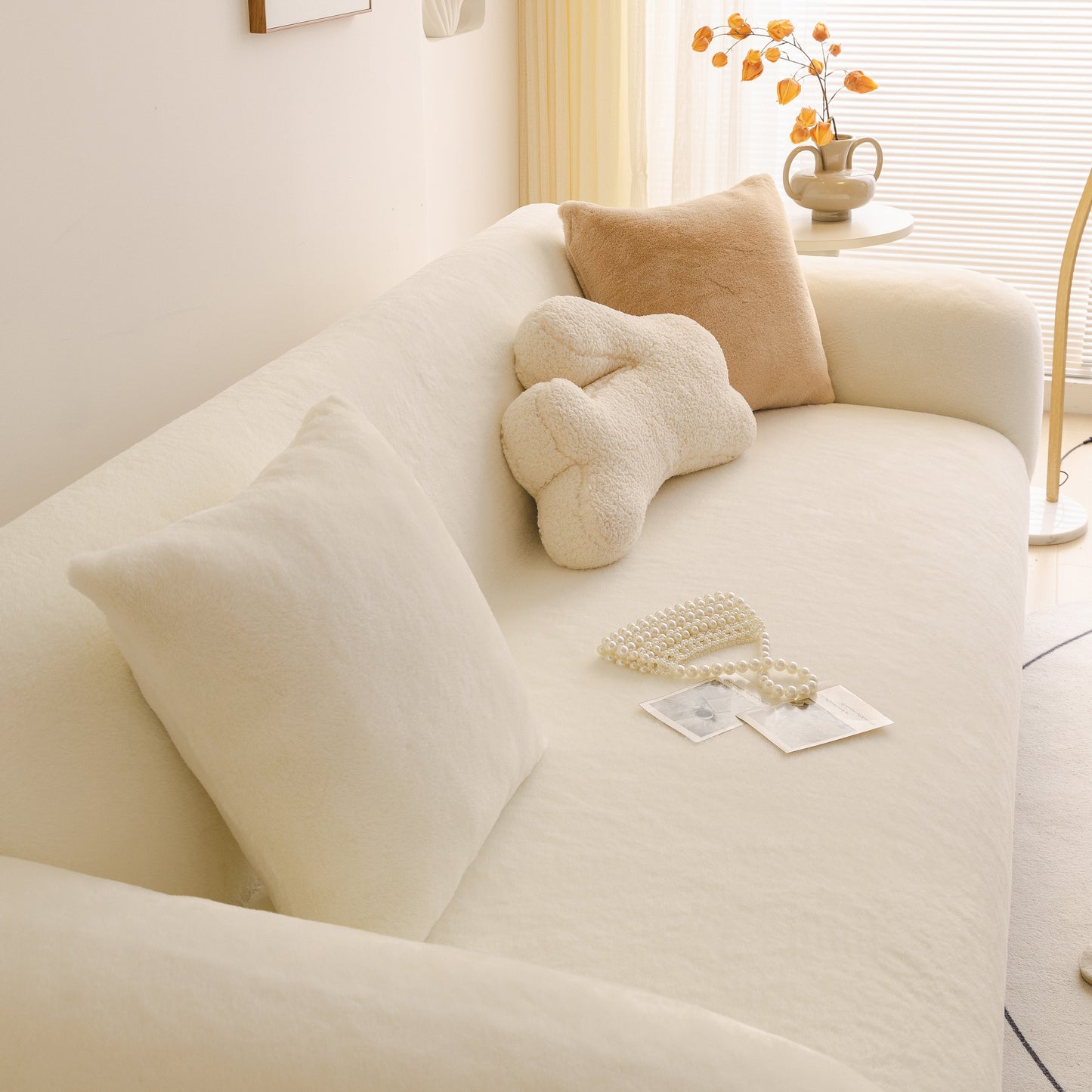Soft Plush Warm Sofa Cover Stretchable Cozy Velvet Couch Protector for Fall & Winter in a living room setting