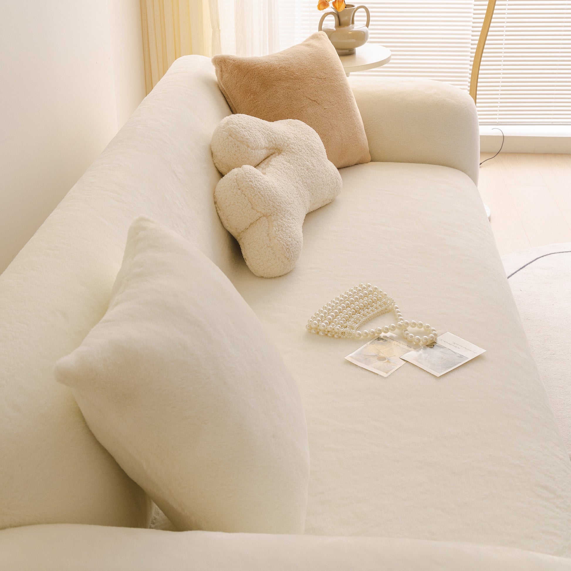 Soft Plush Warm Sofa Cover Stretchable Cozy Velvet Couch Protector for Fall & Winter on white couch