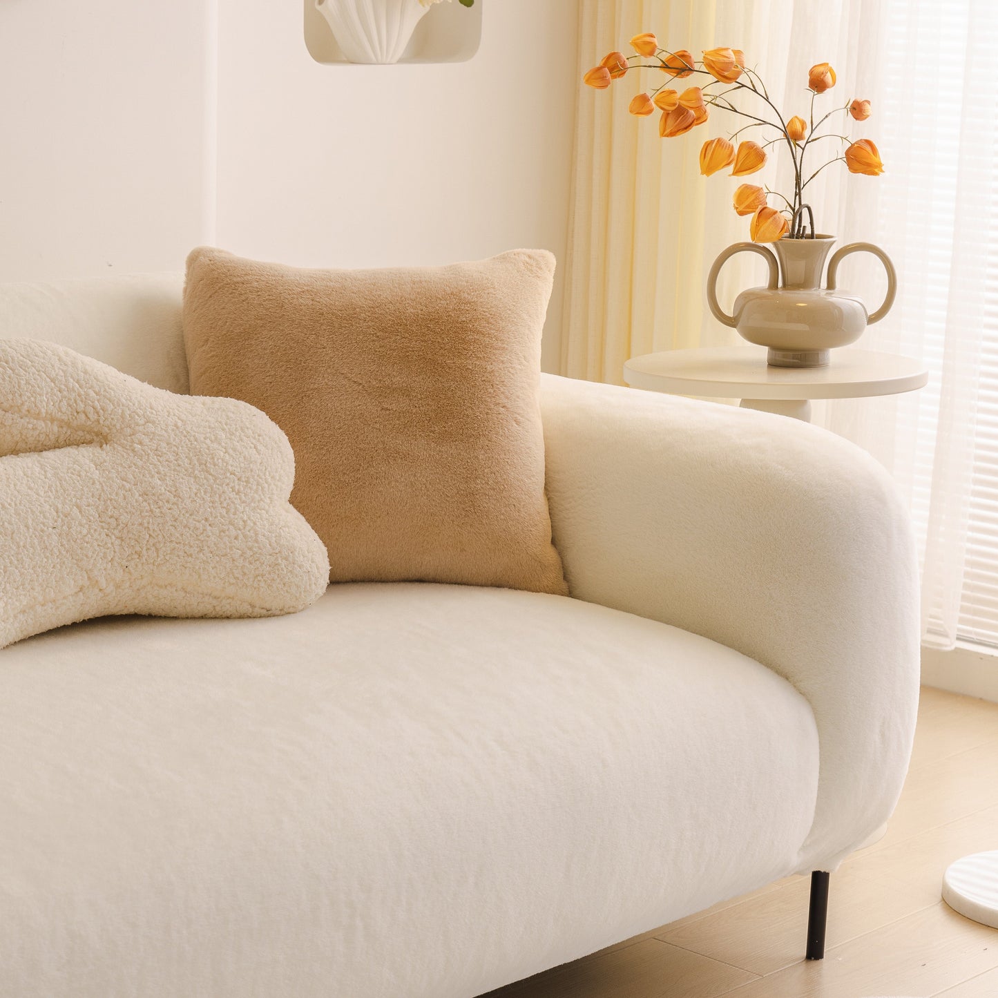 Soft Plush Warm Sofa Cover Stretchable Cozy Velvet Couch Protector for Fall & Winter on modern couch with decorative pillow