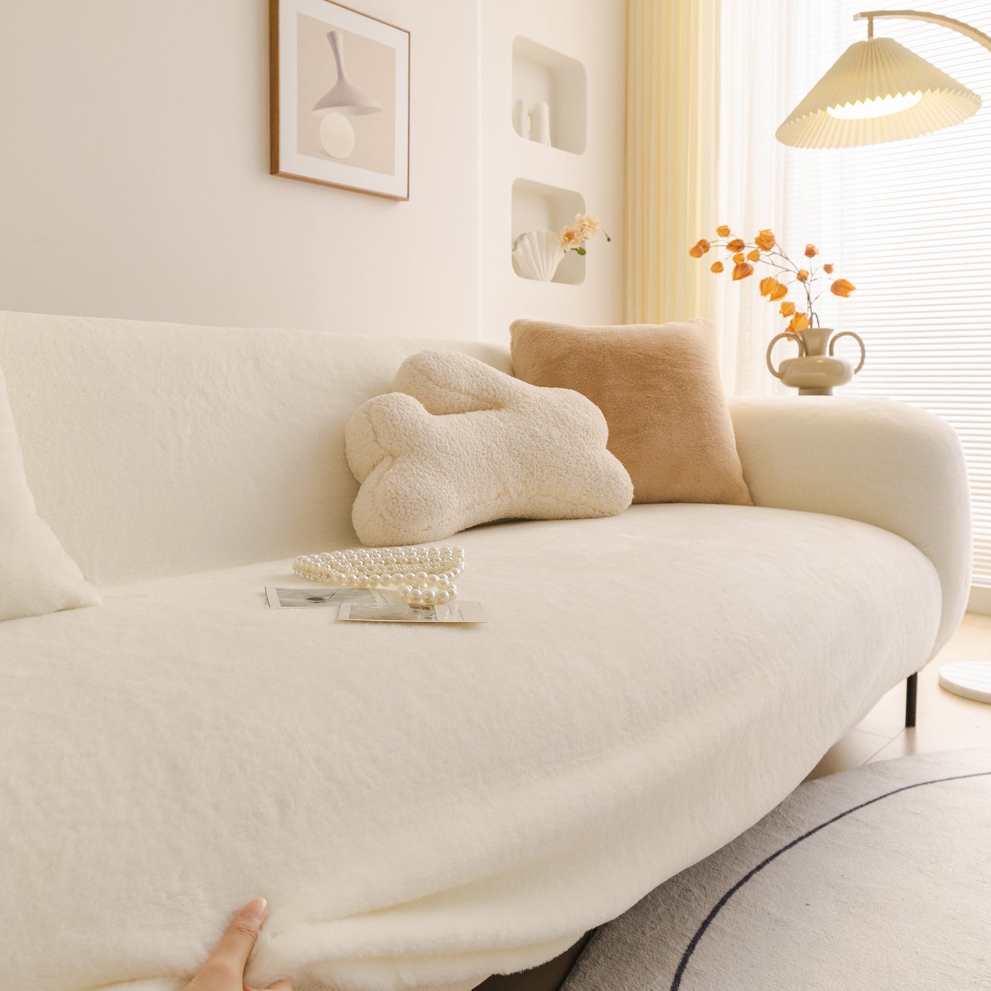 Soft Plush Warm Sofa Cover Stretchable Cozy Velvet Couch Protector for Fall & Winter on a modern sofa