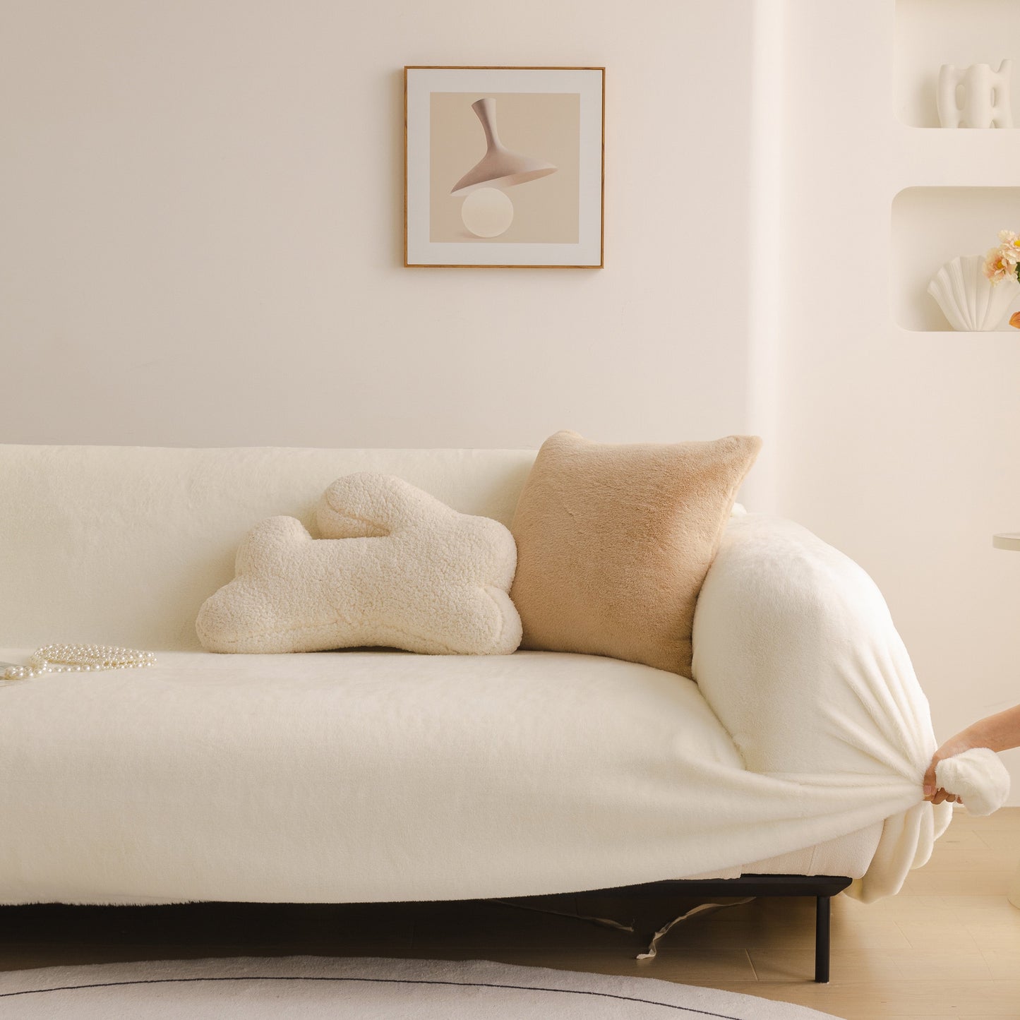 Soft Plush Warm Sofa Cover Stretchable Cozy Velvet Couch Protector for Fall & Winter on a comfortable sofa with pillows