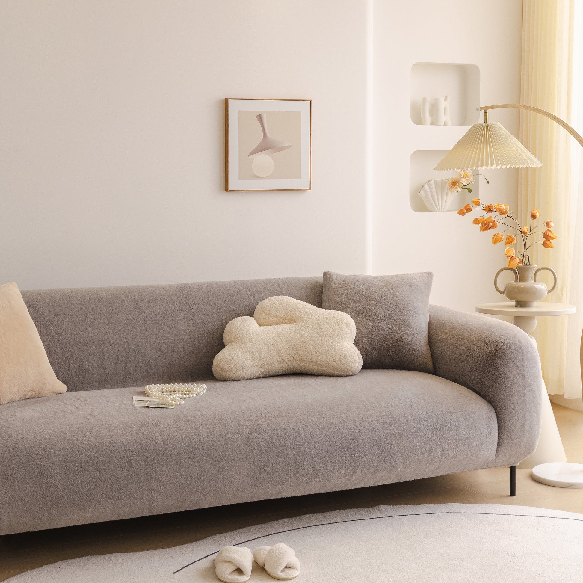 Soft Plush Warm Sofa Cover Stretchable Cozy Velvet Couch Protector for Fall & Winter on modern gray sofa with decorative pillows