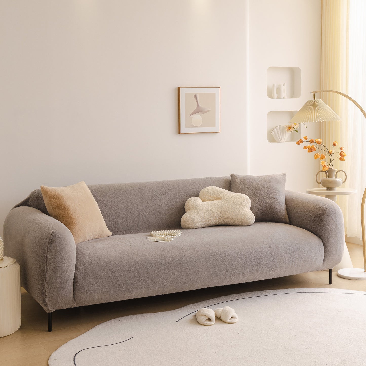 Soft Plush Warm Sofa Cover Stretchable Cozy Velvet Couch Protector for Fall & Winter displayed in a modern living room setting.