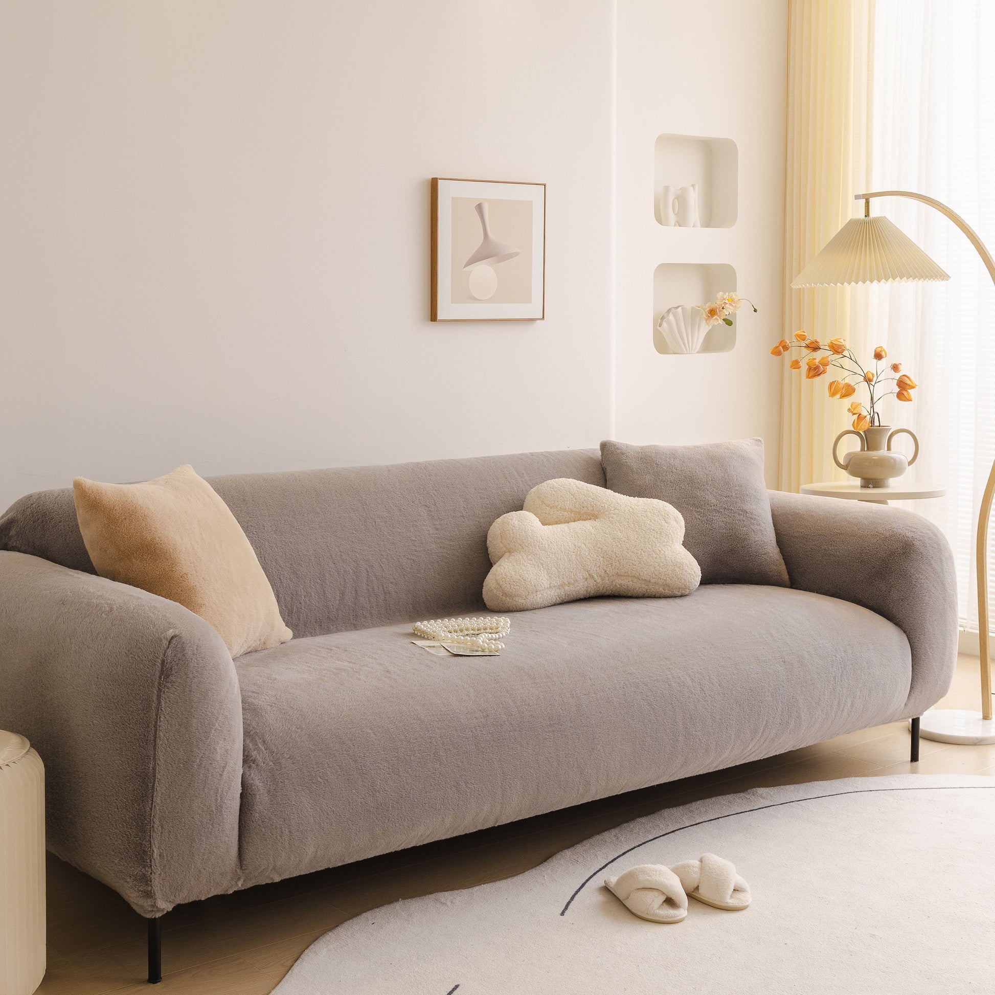 Soft Plush Warm Sofa Cover Stretchable Cozy Velvet Couch Protector for Fall & Winter on modern living room sofa.