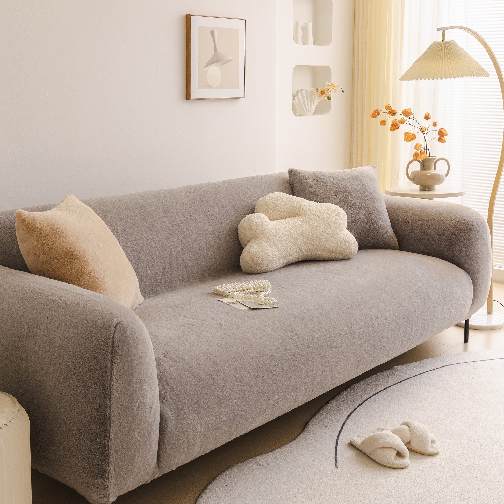 Soft Plush Warm Sofa Cover Stretchable Cozy Velvet Couch Protector for Fall & Winter on a stylish modern couch