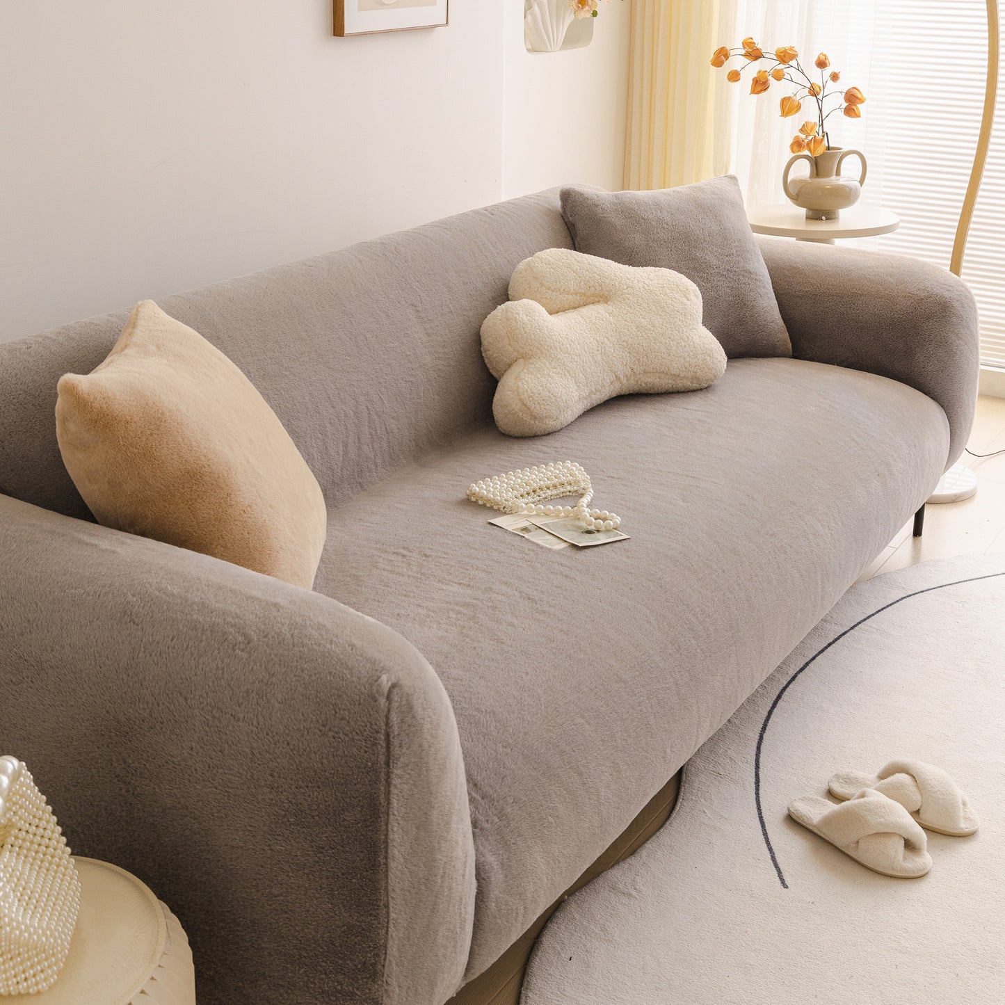 Soft Plush Warm Sofa Cover Stretchable Cozy Velvet Couch Protector for Fall & Winter on modern sofa setup.