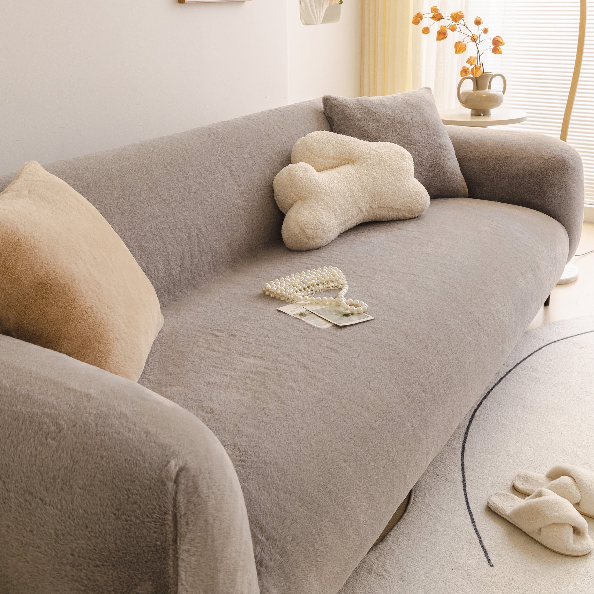 Soft Plush Warm Sofa Cover Stretchable Cozy Velvet Couch Protector for Fall & Winter on a comfortable sofa setup