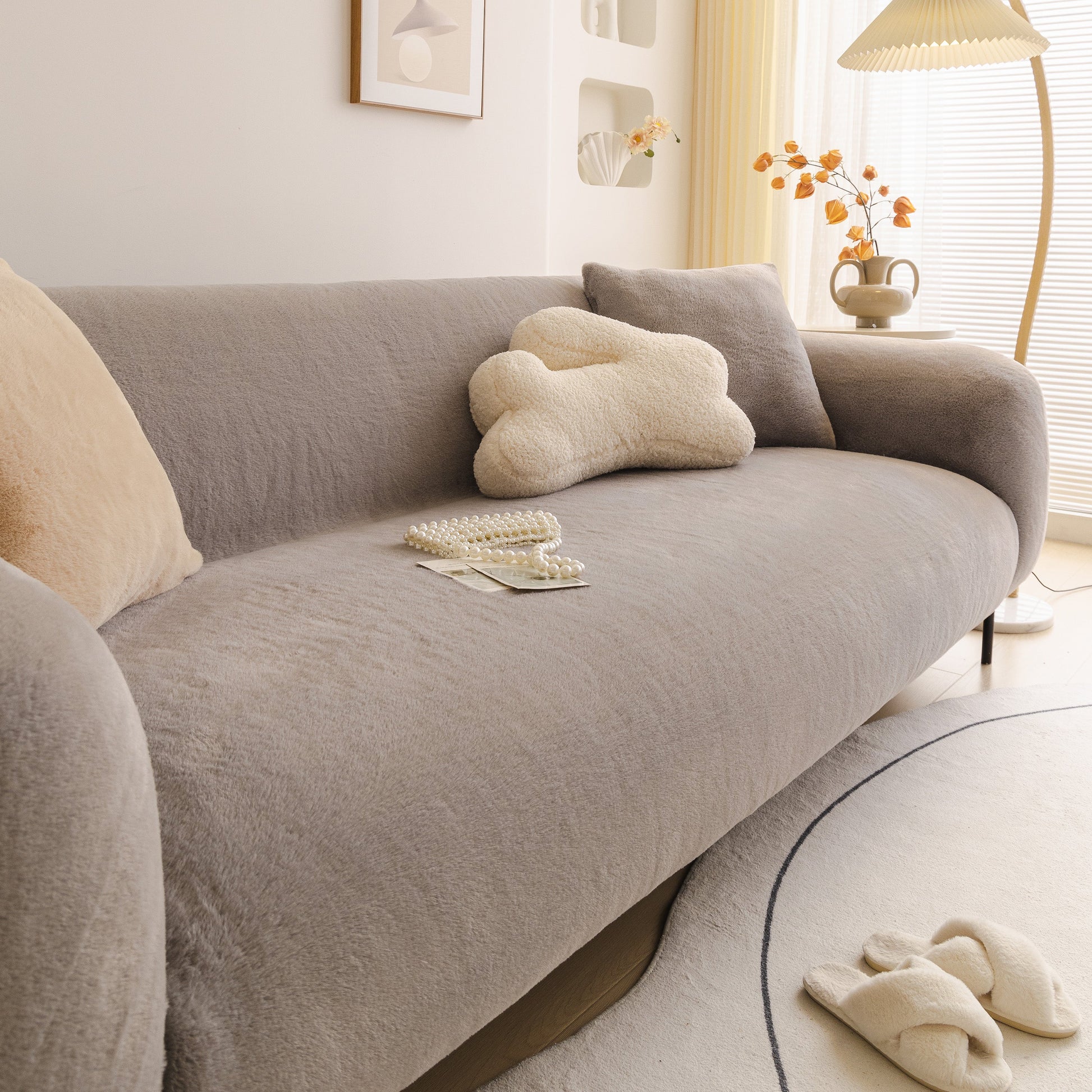 Soft Plush Warm Sofa Cover Stretchable Cozy Velvet Couch Protector for Fall & Winter on modern sofa in living room